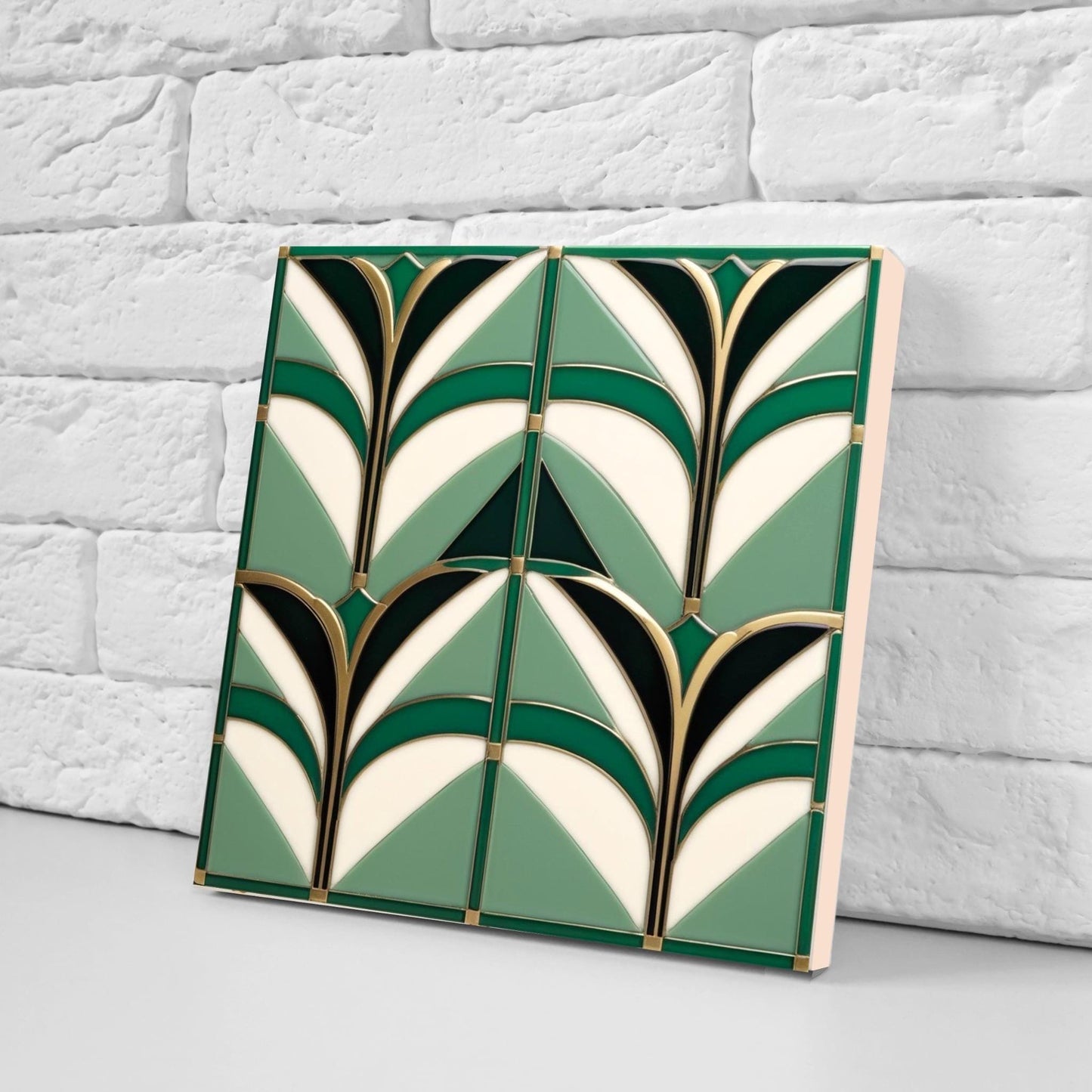 Art Deco Ceramic Tiles Green-Set of 2 Retro Wall Decor Geometric Tiles -Kitchen Backsplash,Shower,Bathroom Wall,Sink Splashback,Fireplace