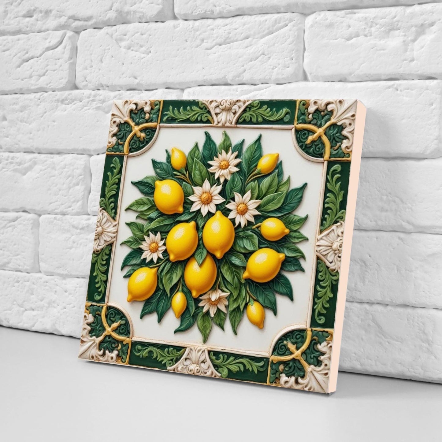 Italian Majolica Lemon Tiles - Set of 2 Mediterranean Wall Decor Tiles -Kitchen Backsplash,Bathroom,Shower Wall,Fireplace, Sink Splashback
