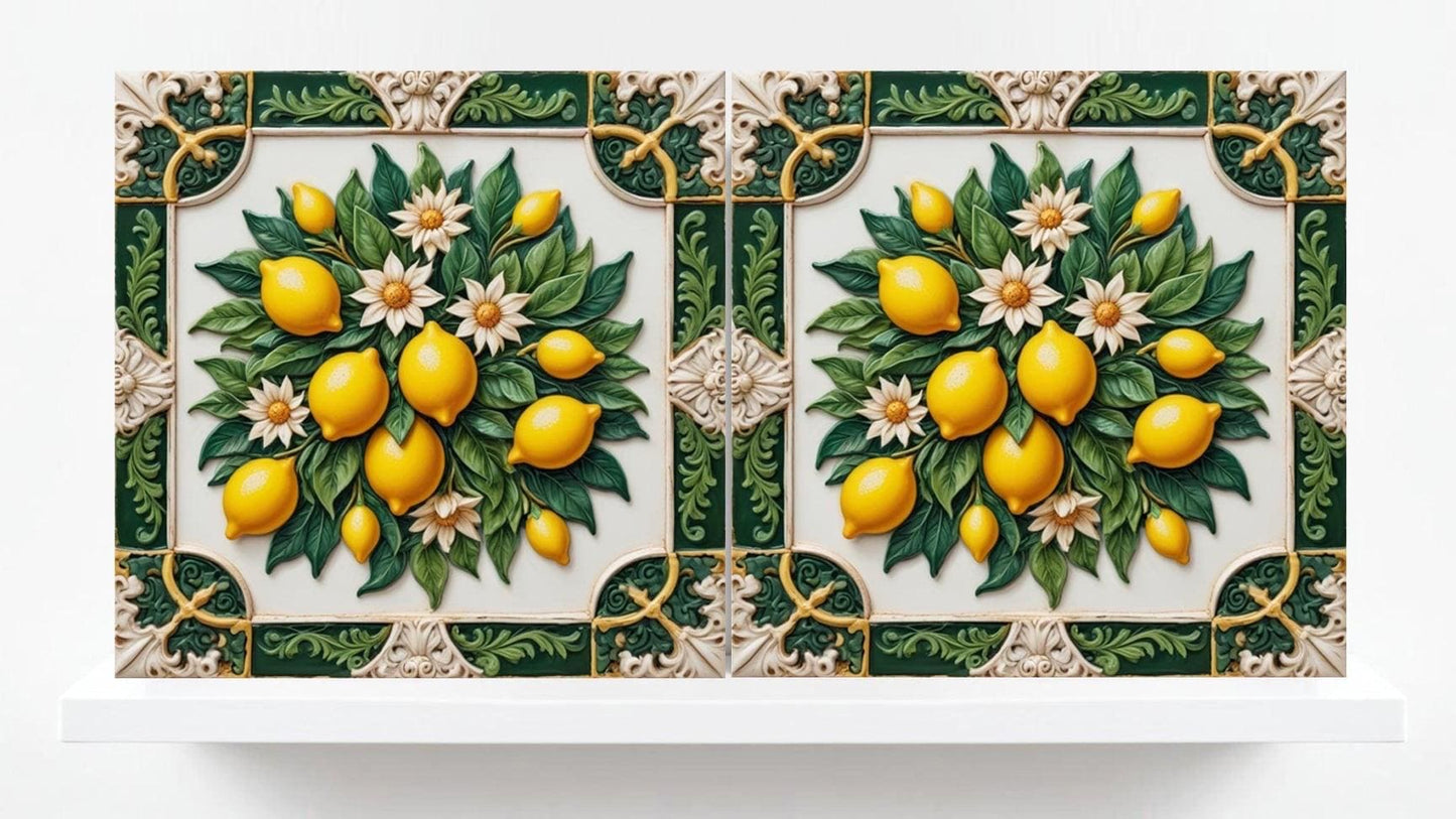 Italian Majolica Lemon Tiles - Set of 2 Mediterranean Wall Decor Tiles -Kitchen Backsplash,Bathroom,Shower Wall,Fireplace, Sink Splashback