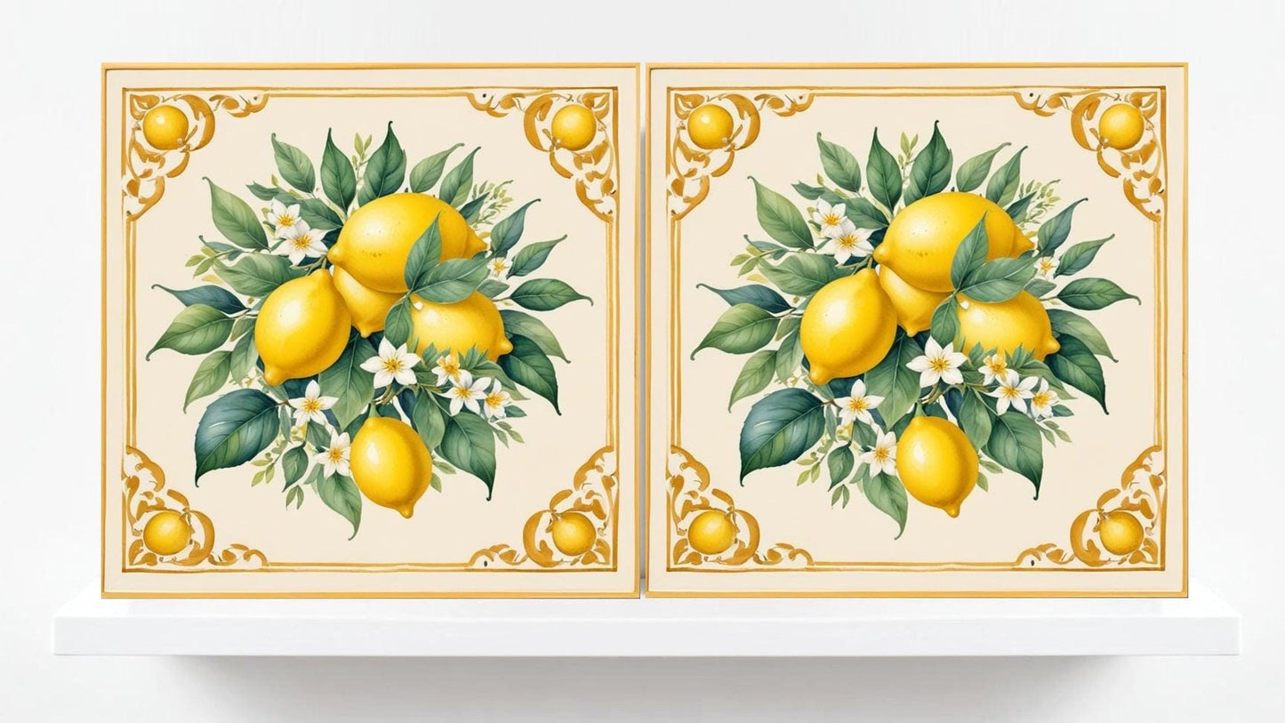 Italian Majolica Lemon Tiles-Set of 2 Fruit Wall Decor Print -Kitchen Backsplash Tiles, Shower,Bathroom,Fireplace, Sink Splashback,Fireplace