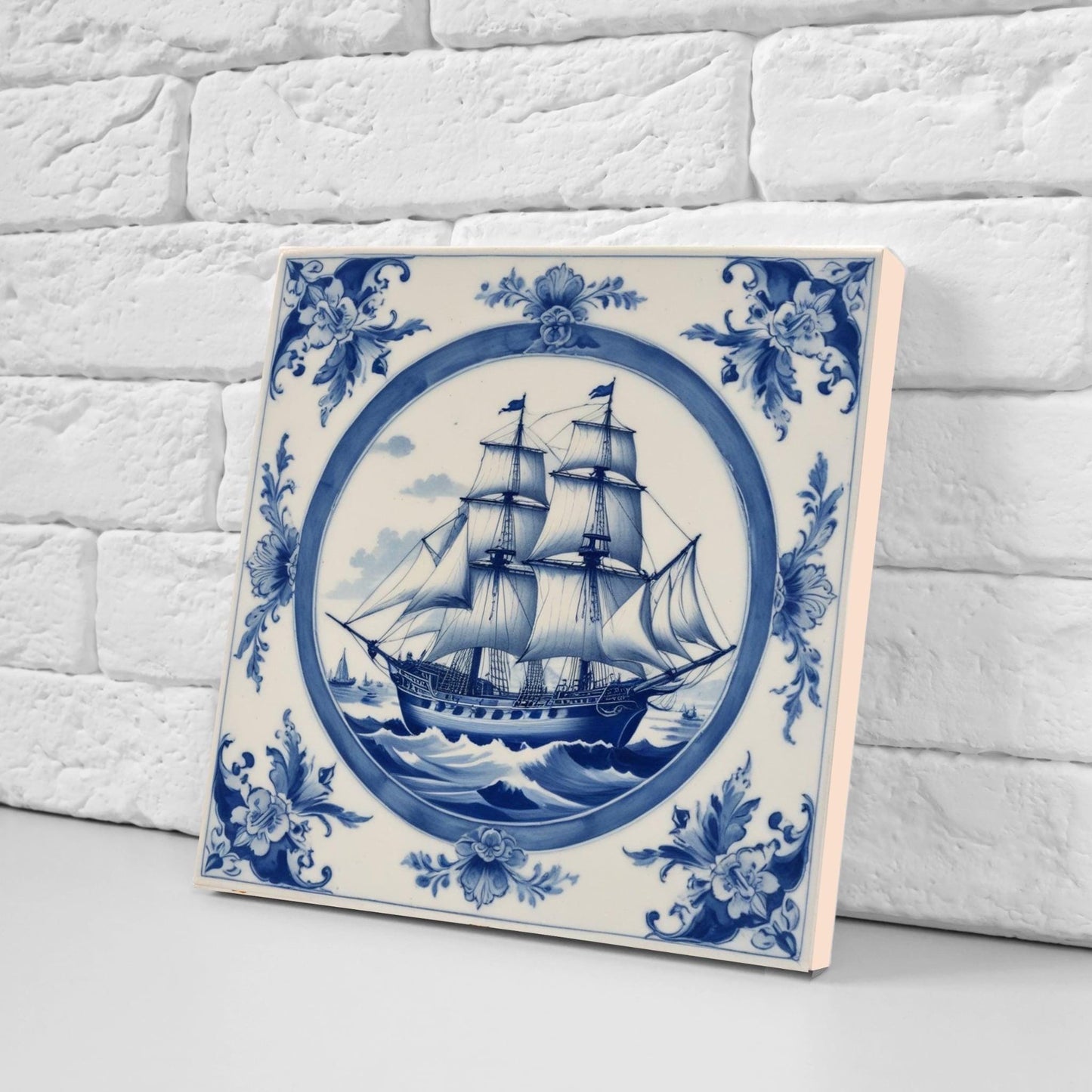 Delft Blue Ceramic Tile - Set of 2 Ceramic Delftware Tiles-Delft Tile with Ship - Delft Prints- Kitchen Backsplash,Sink,Bathroom,Shower Wall
