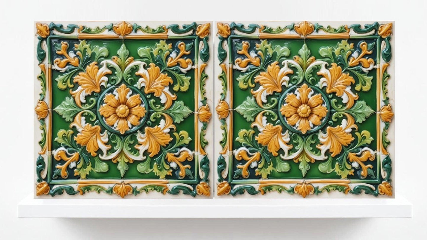 Italian Majolica Floral Tile -Set of 2 Sicilian Tiles Flower Wall Decor -Kitchen Backsplash,Bathroom, Shower Wall,Fireplace,Sink Splashback
