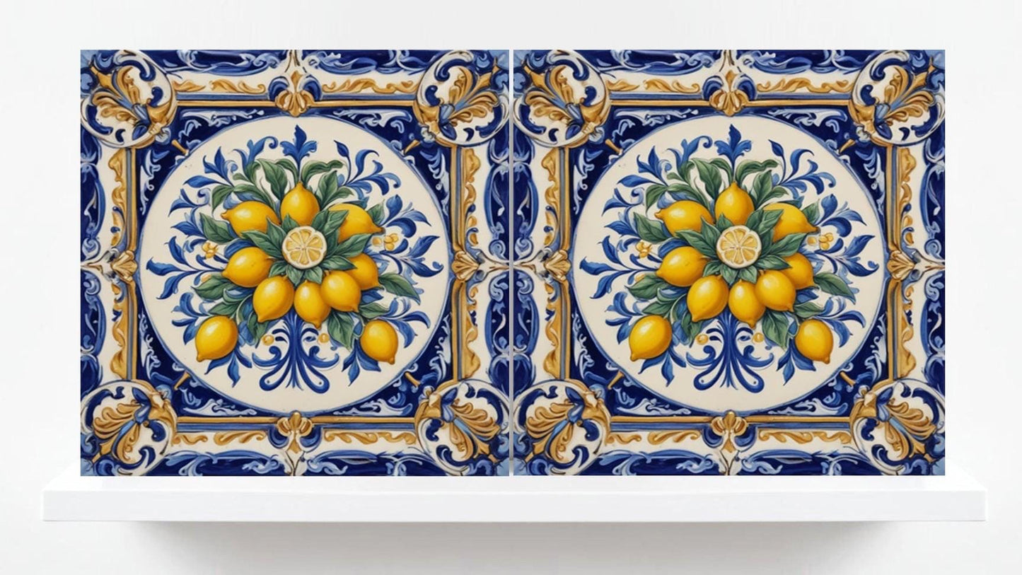 Lemon Tile - Blue Majolica -Set of 2 Sicilian Wall Decor Tiles - Kitchen Backsplash,Shower,Bathroom Wall,Sink Splashback, Coaster,Fireplace
