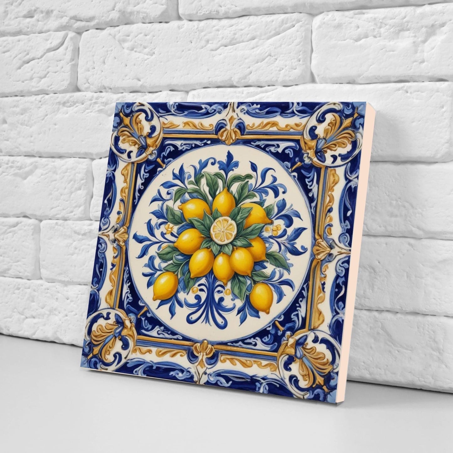Lemon Tile - Blue Majolica -Set of 2 Sicilian Wall Decor Tiles - Kitchen Backsplash,Shower,Bathroom Wall,Sink Splashback, Coaster,Fireplace