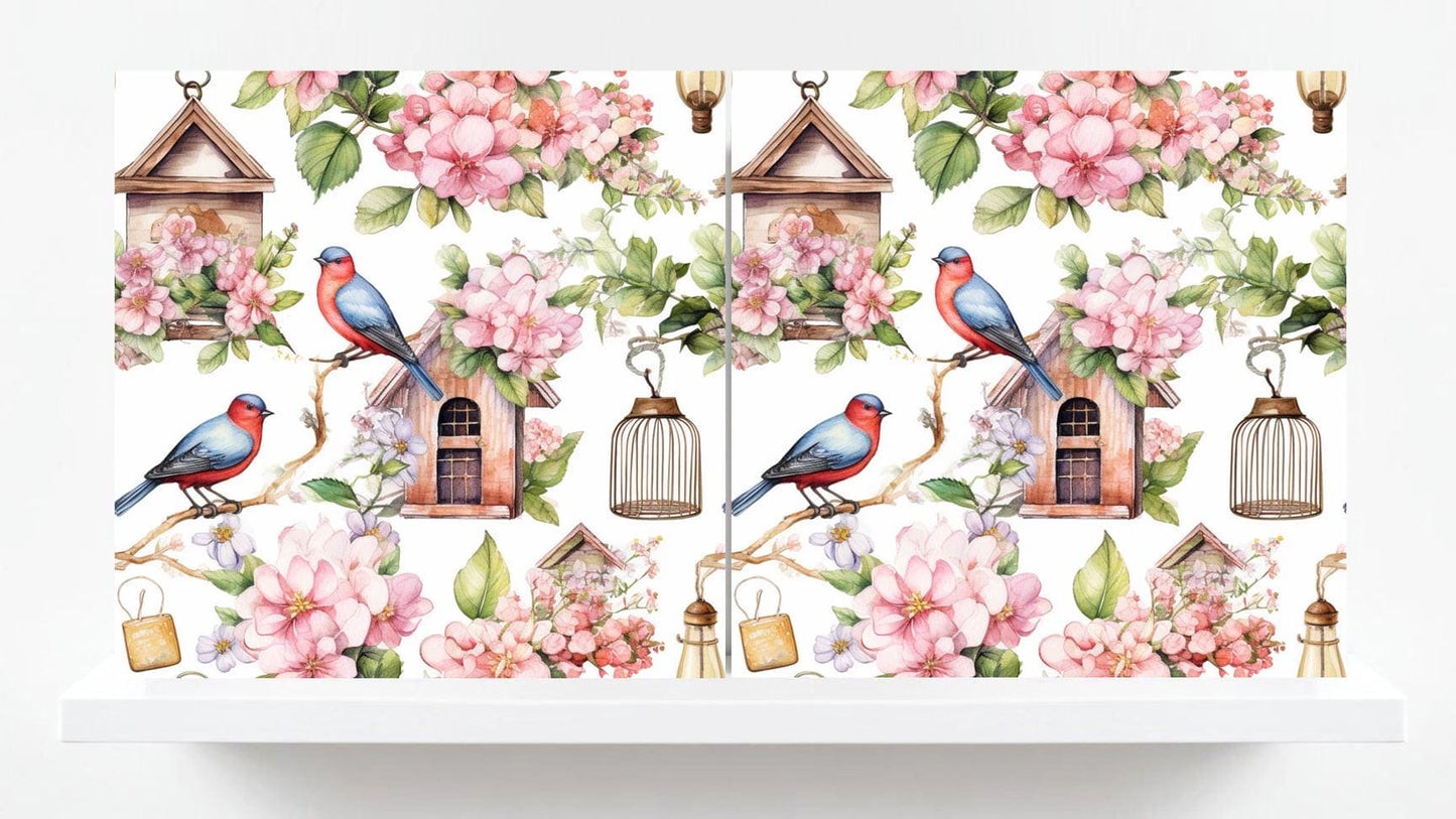 Bird Floral Ceramic Tiles - Set of 2 Botanical Wall Art Print Decor Tiles -Kitchen Backsplash,Bathroom,Shower Wall,Sink Splashback,Fireplace