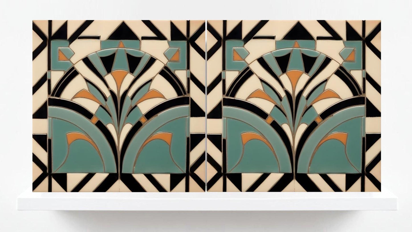 Art Deco Tile Backsplash - Set of 2 Retro Wall Decor Geometric Tiles - Kitchen, Bathroom, Sink Splashback,Shower Wall Art,Fireplace Tiles