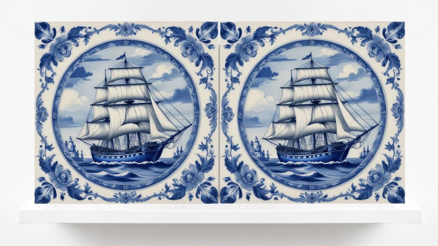 Delft Blue Ceramic Tile - Set of 2 Ceramic Delftware Tiles-Delft Tile with Ship - Delft Prints- Kitchen Backsplash,Sink,Bathroom,Shower Wall
