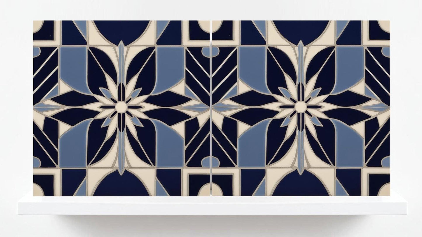 Art Deco Ceramic tiles Blue - Set of 2 Retro Wall Decor Geometric Tiles - Kitchen Backsplash , Bathroom, Sink Splashback, Accent Wall Art