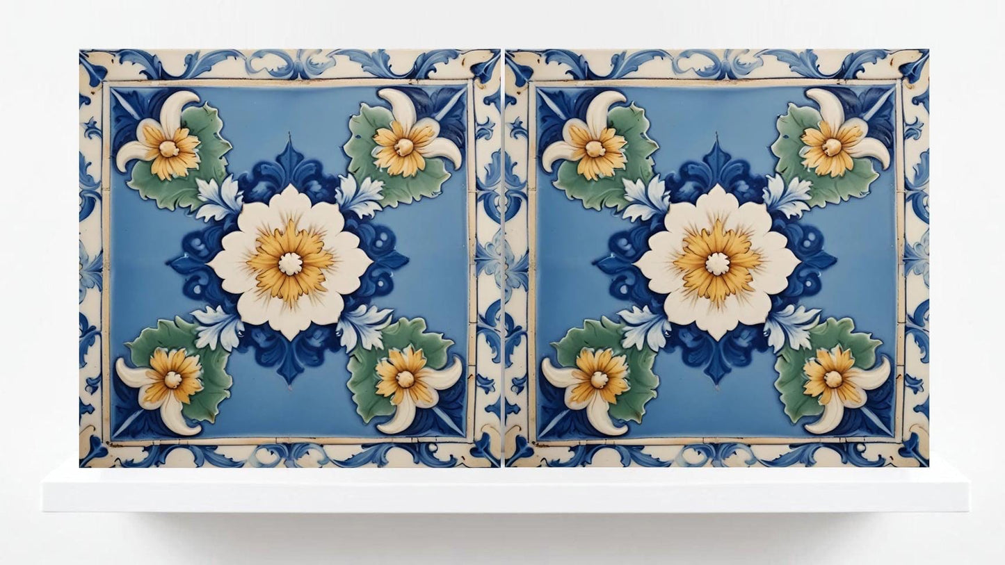 Italian Majolica Floral Tiles - Set of 2 Mediterranean Flower Wall Decor -Kitchen Backsplash,Bathroom, Shower Wall,Fireplace,Sink Splashback