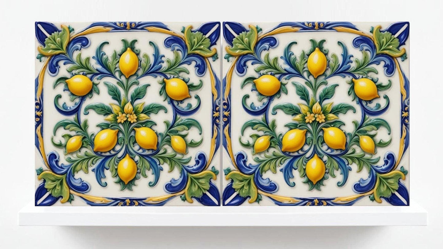 Italian Majolica Lemon Tiles - Set of 2 Sicilian Wall Decor Tiles -Kitchen Backsplash,Bathroom,Shower Wall,Fireplace,Sink Splashback,Coaster