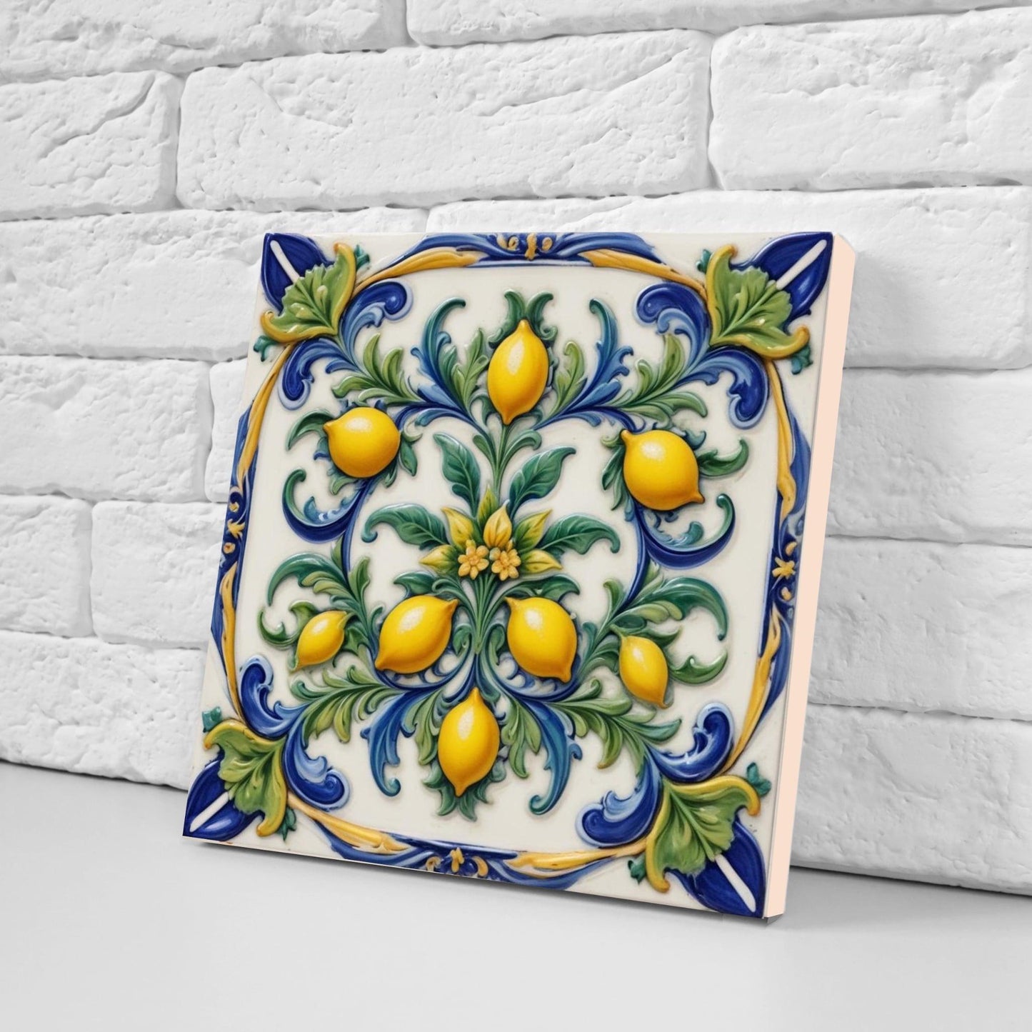 Italian Majolica Lemon Tiles - Set of 2 Sicilian Wall Decor Tiles -Kitchen Backsplash,Bathroom,Shower Wall,Fireplace,Sink Splashback,Coaster