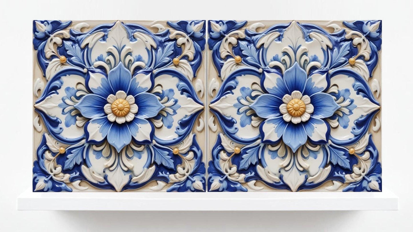 Italian Majolica Tiles Flower -Set of 2 Sicilian Wall Decor Tiles-Kitchen Backsplash Tiles, Sink Splashback,Bathroom,Shower Wall Art,Coaster