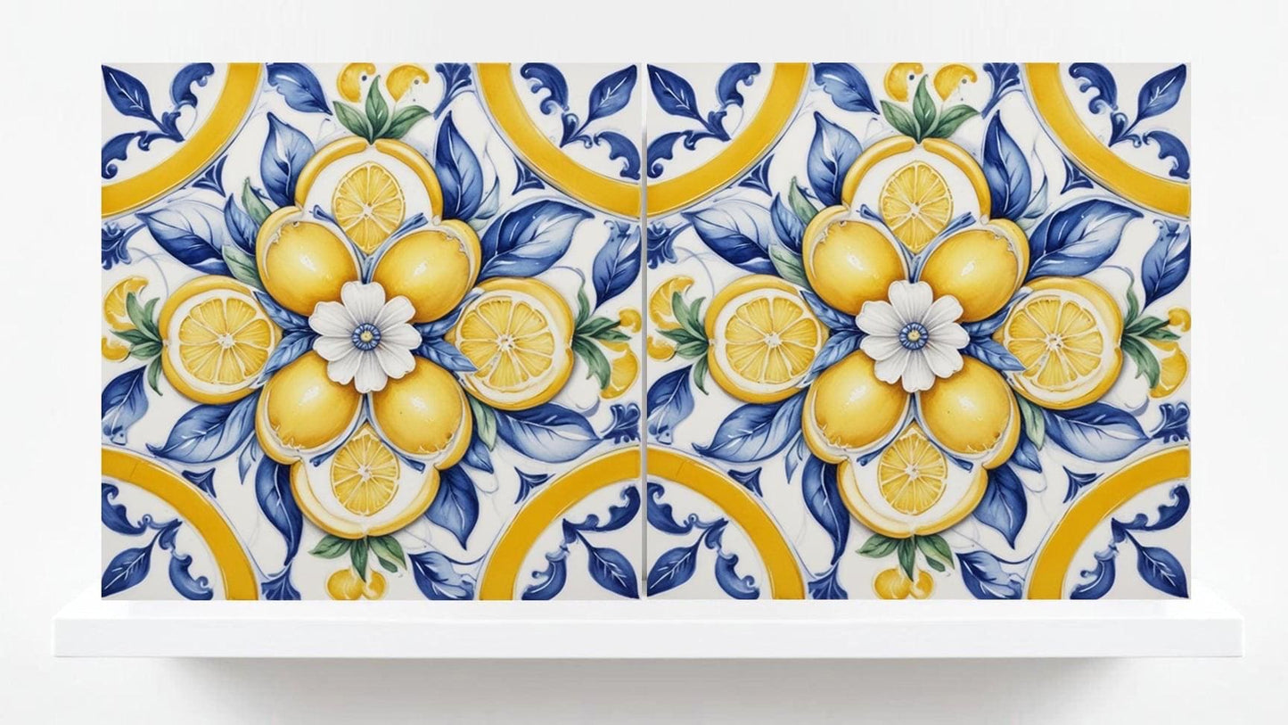 Italian Majolica Lemon Tiles - Set of 2 Mediterranean Flower Wall Decor -Kitchen Backsplash,Bathroom, Shower Wall,Fireplace,Sink Splashback