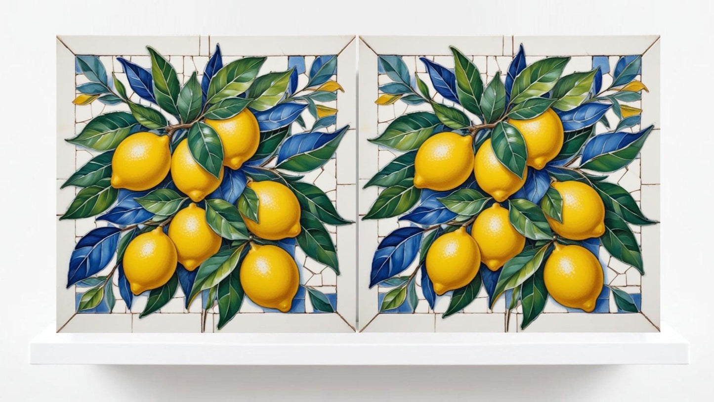Italian Majolica Lemon Tiles - Set of 2 Fruit Wall Decor Tiles -Kitchen Backsplash,Bathroom,Shower Wall,Fireplace, Sink Splashback