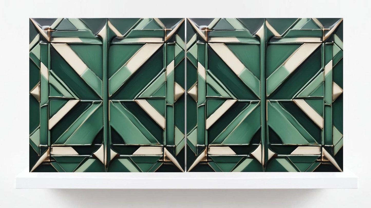 Art Deco Ceramic Tiles Green-Set of 2 Retro Wall Decor Geometric Tiles -Kitchen Backsplash,Shower,Bathroom Wall,Sink Splashback,Fireplace