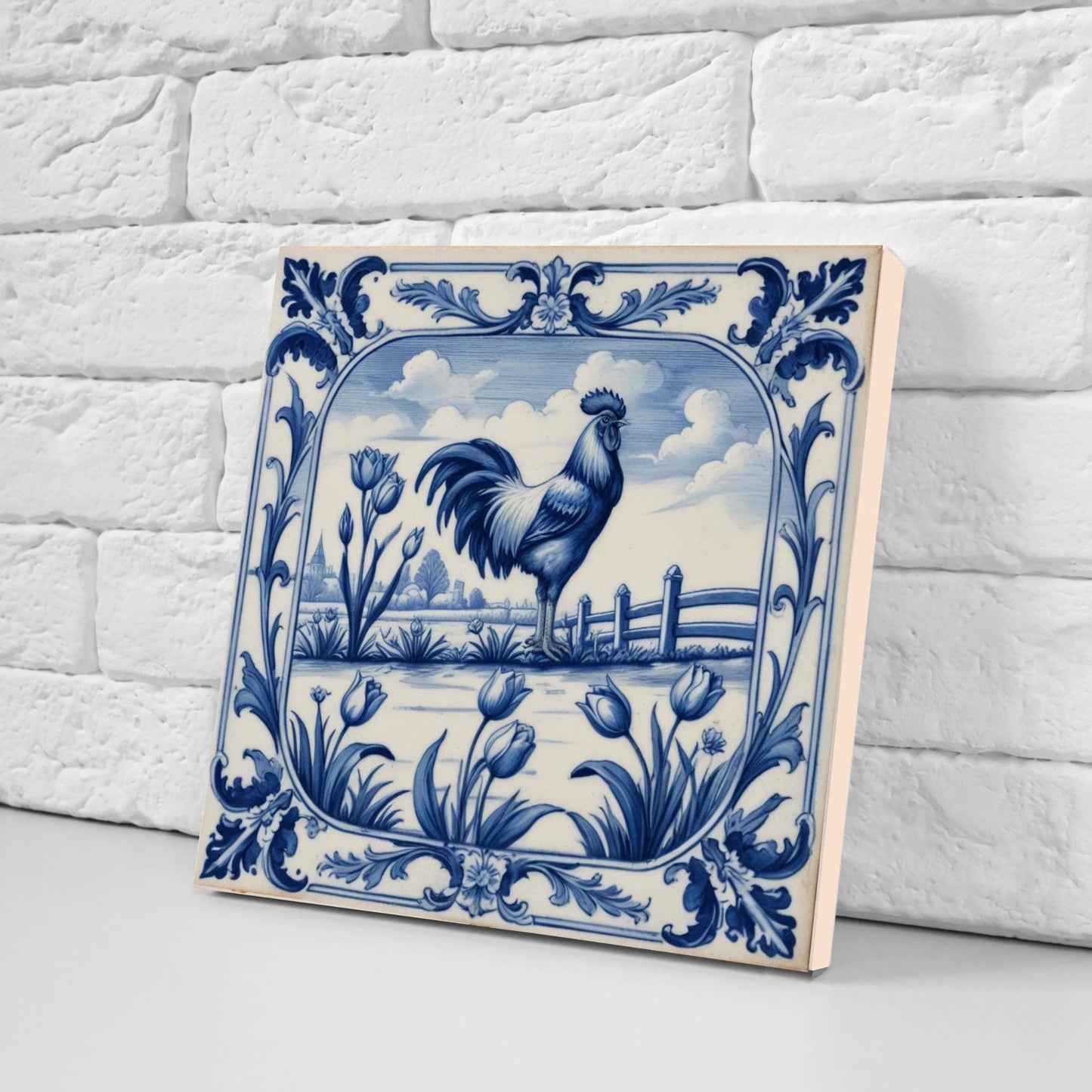 Rooster Tile-Delft Bird-Dutch Blue Ceramic Tile - Set of 2 Ceramic Delftware Tiles-Delft Prints-Kitchen Backsplash,Sink,Bathroom,Shower Wall