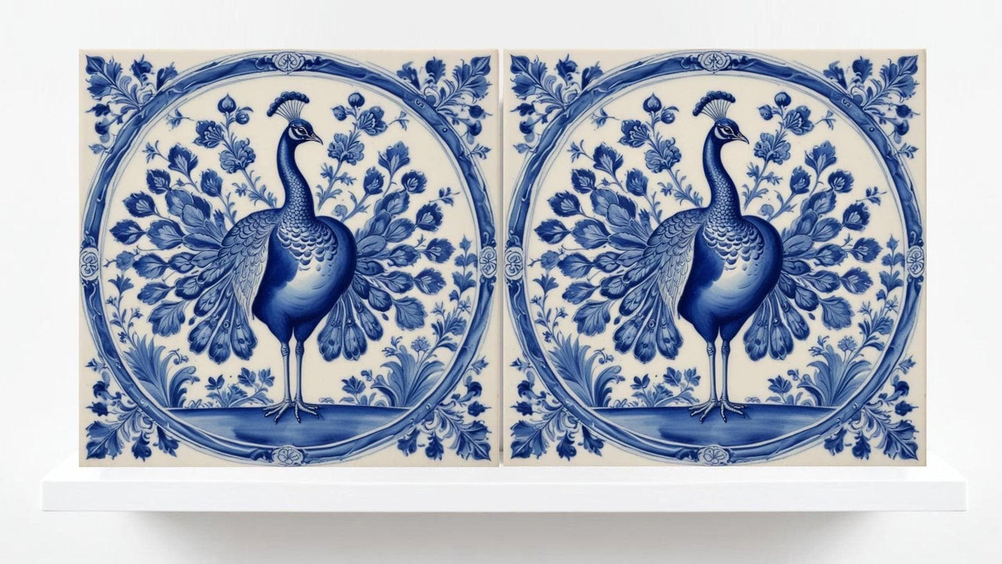 Delft Blue Tile Animal-Bird Tile-Set of 2 Ceramic Delftware Tiles-Delft Prints-Peacock Tiles - Kitchen Backsplash,Sink,Bathroom,Shower Wall