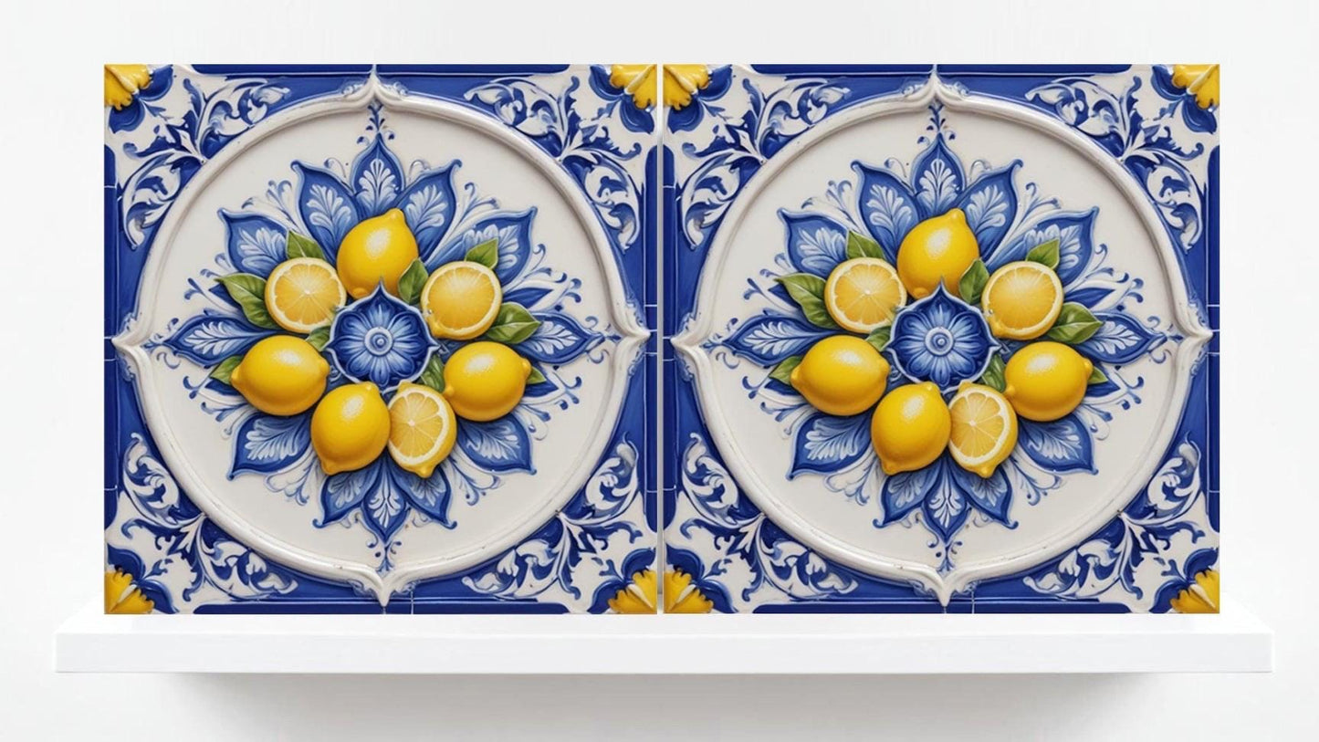 Italian Majolica Lemon Fruit Tiles - Set of 2 Sicilian Wall Decor Tiles - Kitchen Backsplash,Shower,Bathroom Art ,Fireplace,Sink Splashback
