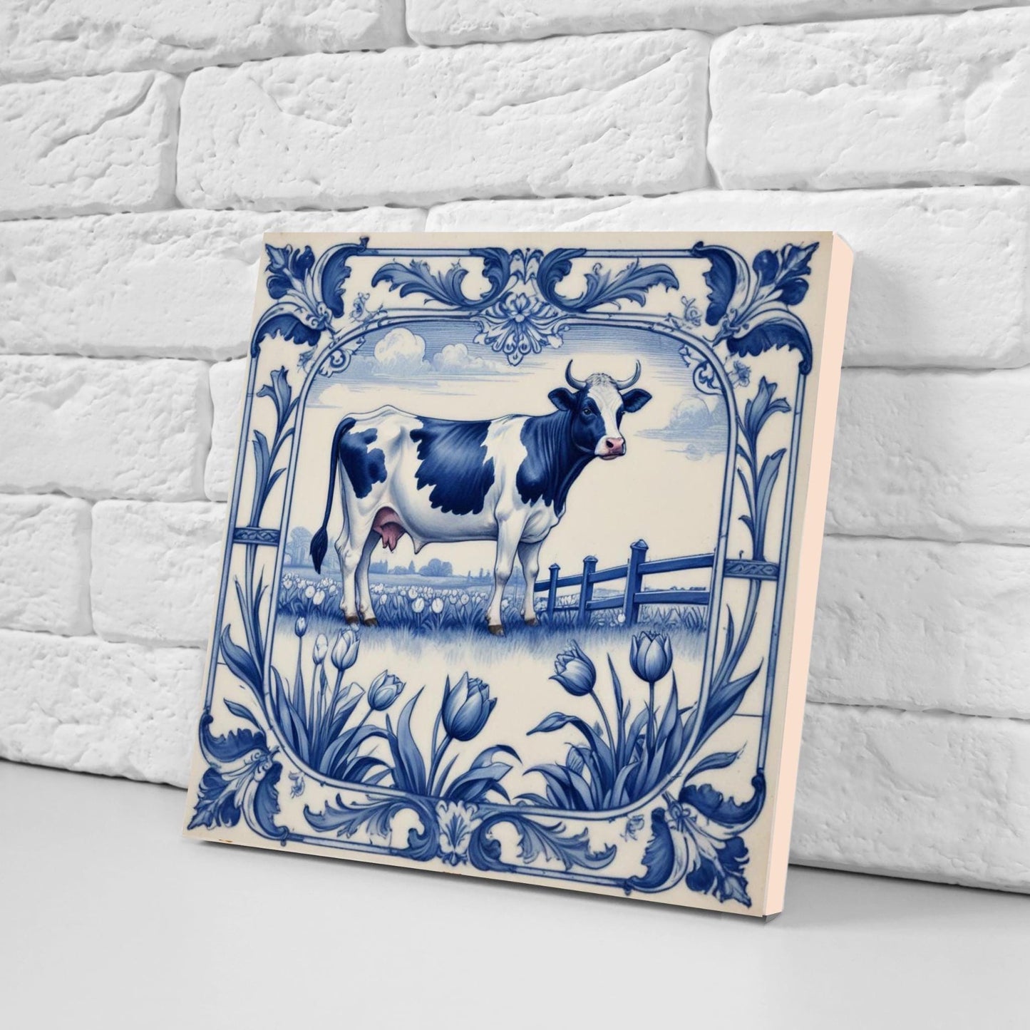 Delft Blue Tile Animal-Cow Tile -Set of 2 Ceramic Delftware Tiles-Delft Prints Countryside Wall Art,Kitchen Backsplash,Sink,Bathroom,Shower