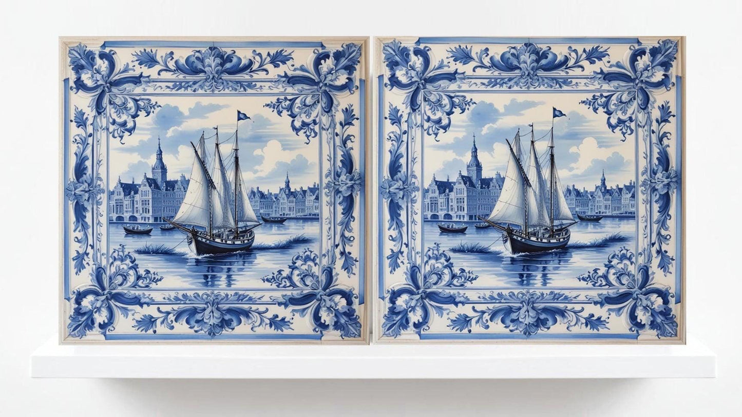 Delft Blue Ceramic Tile - Set of 2 Ceramic Delftware Tiles-Delft Tile with Ship - Delft Prints- Kitchen Backsplash,Sink,Bathroom,Shower Wall
