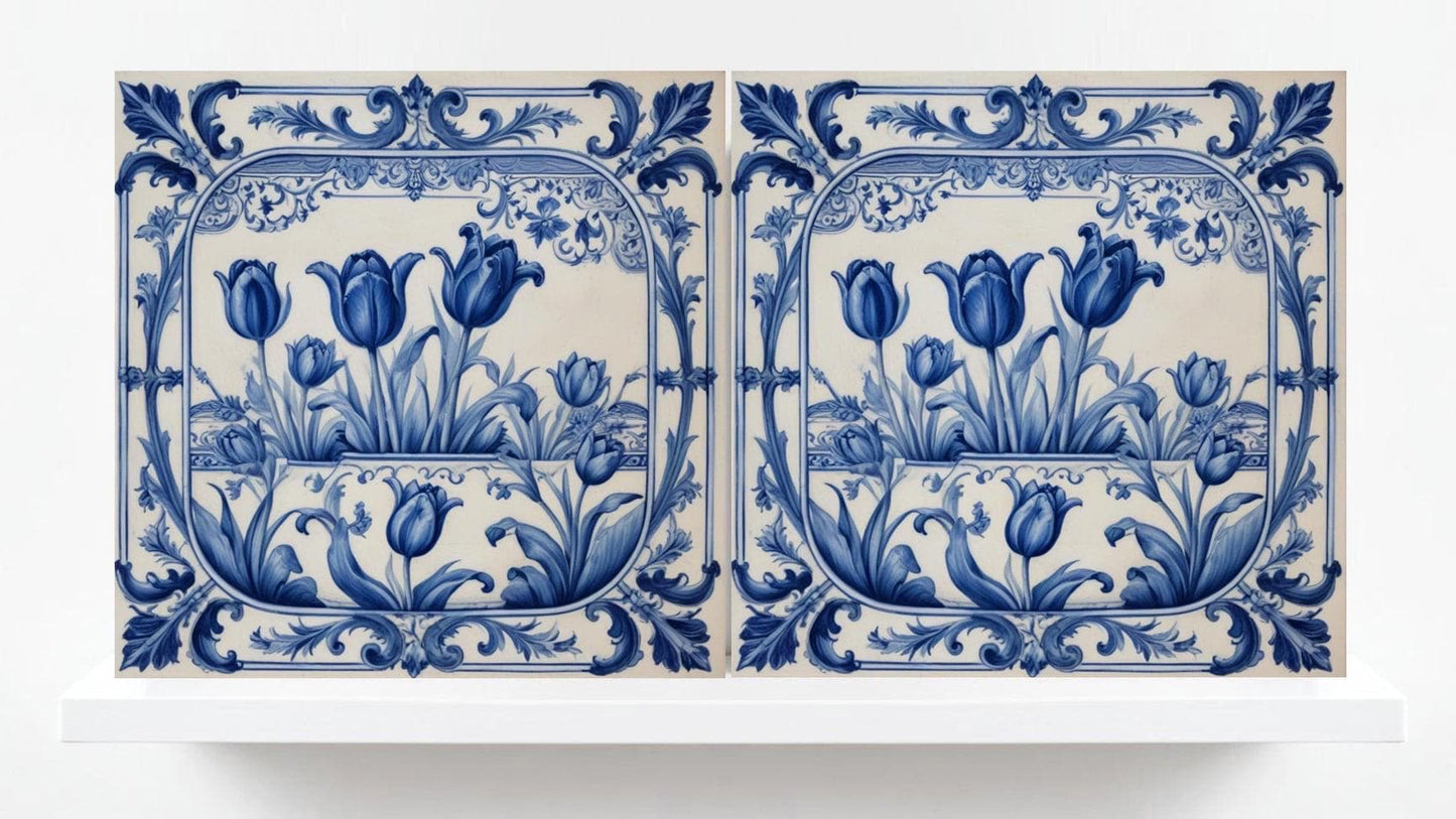 Delft Tulip Tile - Delft Blue Tile - Set of 2 Ceramic Delftware Tiles- Flower Tiles - Delft Prints Wall - Kitchen Backsplash, Sink,Bathroom