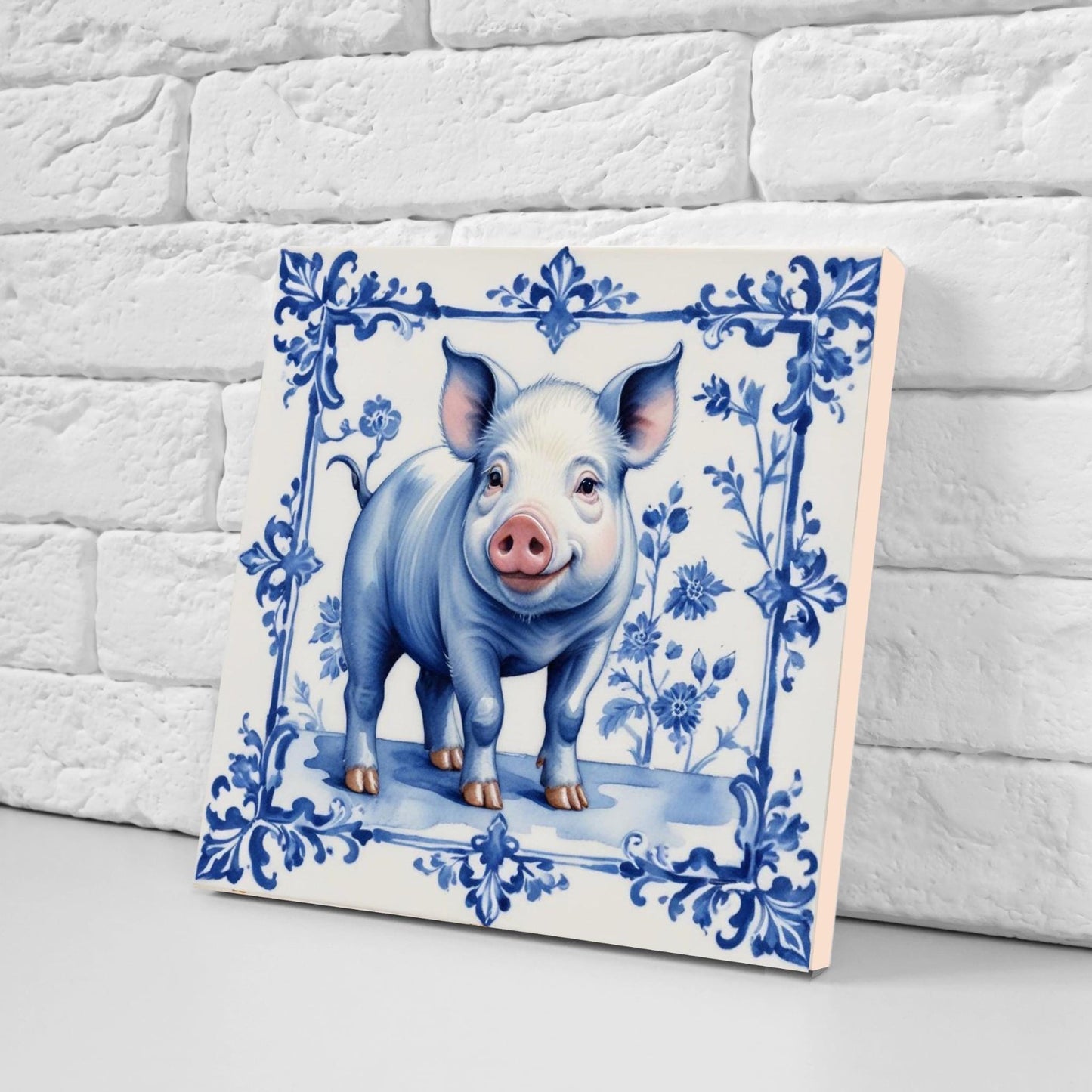 Delft Blue Tile Animal-Pig Print-Set of 2 Ceramic Delftware Tiles-Delft Prints Countryside Wall Art,Kitchen Backsplash,Sink,Bathroom,Shower
