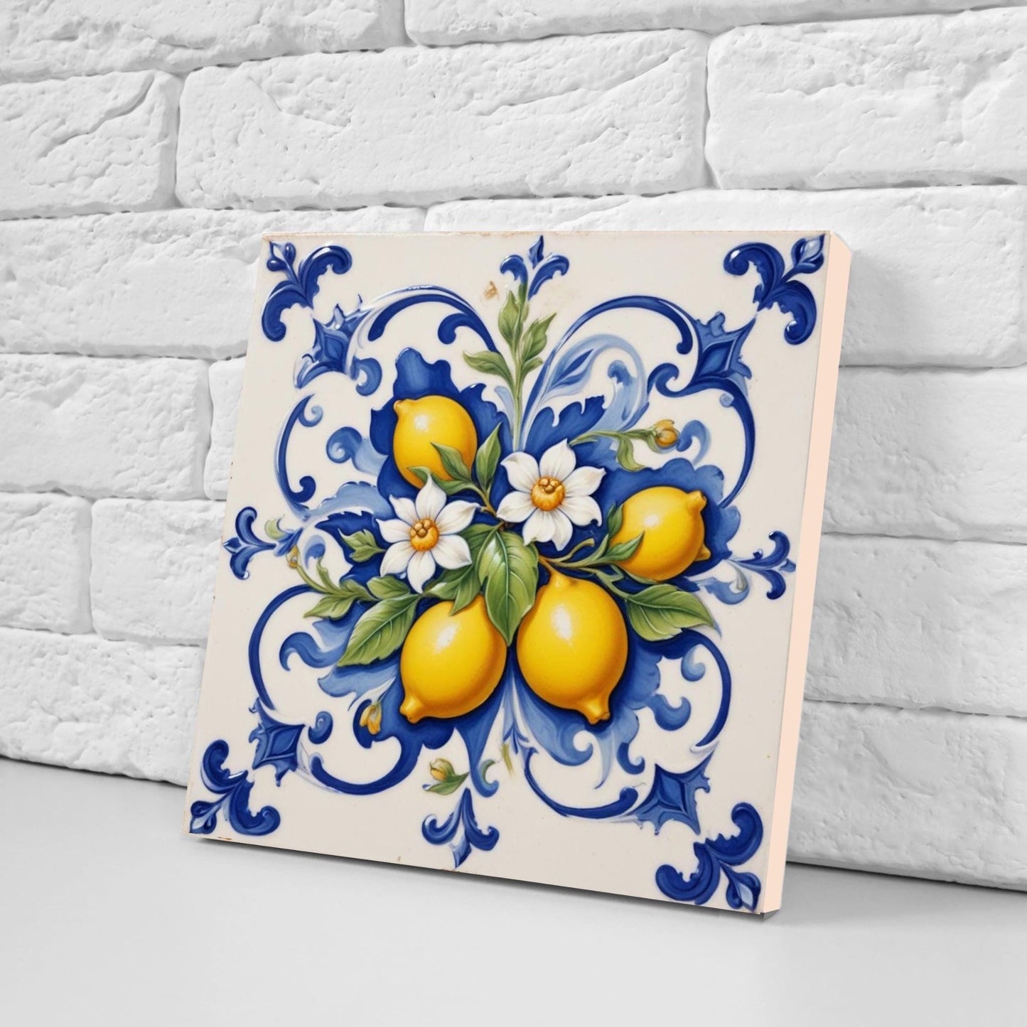Italian Majolica Lemon Tiles - Set of 2 Italian Wall Decor Tiles - Kitchen Backsplash Tiles, Table Decorative Tiles, Bathroom Tiles, Coaster
