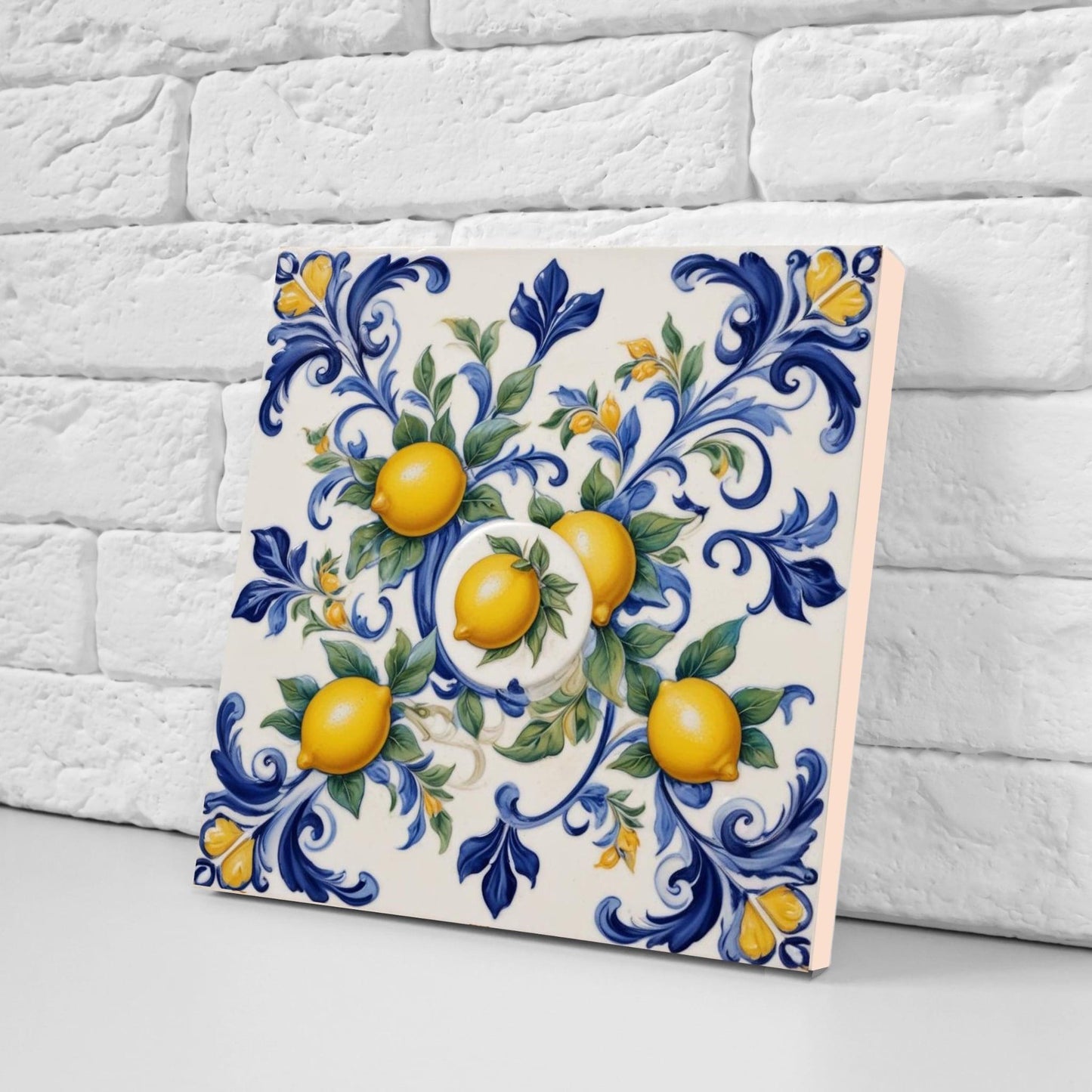 Italian Majolica Lemon Tiles - Set of 2 Mediterranean Wall Decor Fruit Tiles -Kitchen Backsplash,Bathroom,Shower ,Fireplace, Sink Splashback