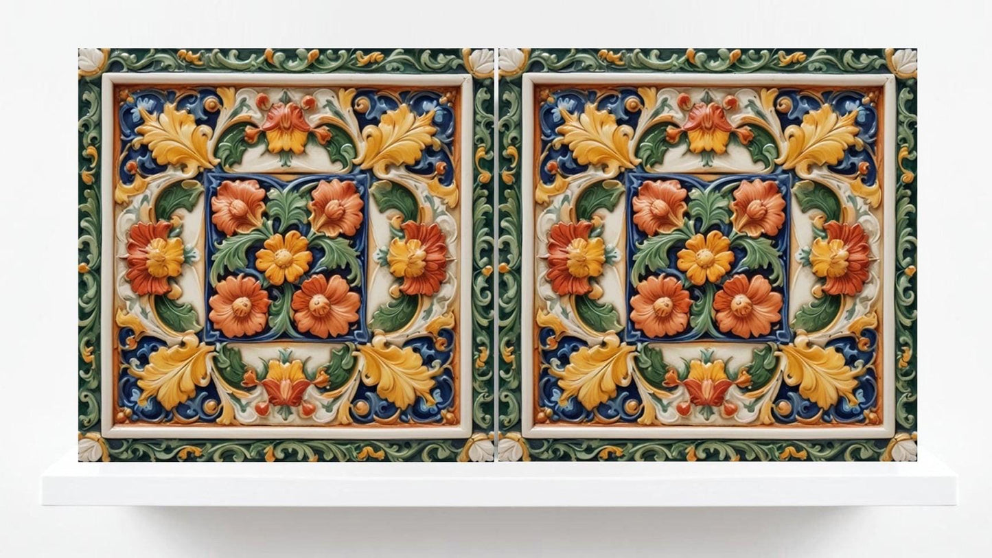 Italian Majolica Floral Tiles - Set of 2 Mediterranean Flower Wall Decor -Kitchen Backsplash,Bathroom, Shower Wall,Fireplace,Sink Splashback