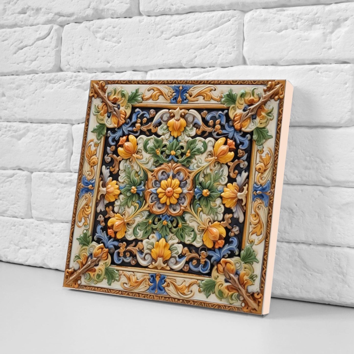 Italian Majolica Floral Tiles - Set of 2 Mediterranean Flower Wall Decor -Kitchen Backsplash,Bathroom, Shower Wall,Fireplace,Sink Splashback