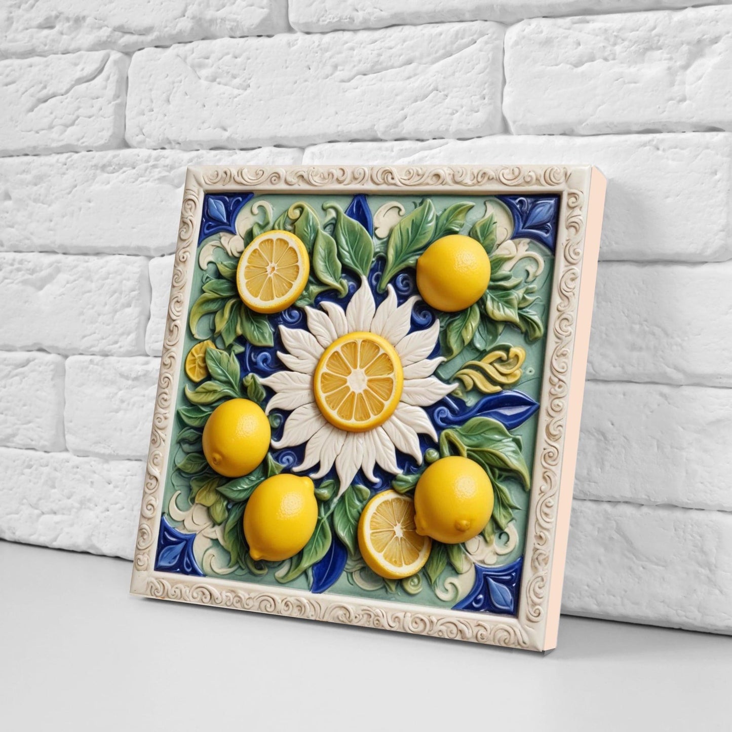 Italian Majolica Lemon Tiles - Set of 2 Fruit Wall Decor Tiles -Kitchen Backsplash, Shower Wall, Fireplace,Sink Splashback,Bathroom Tiles