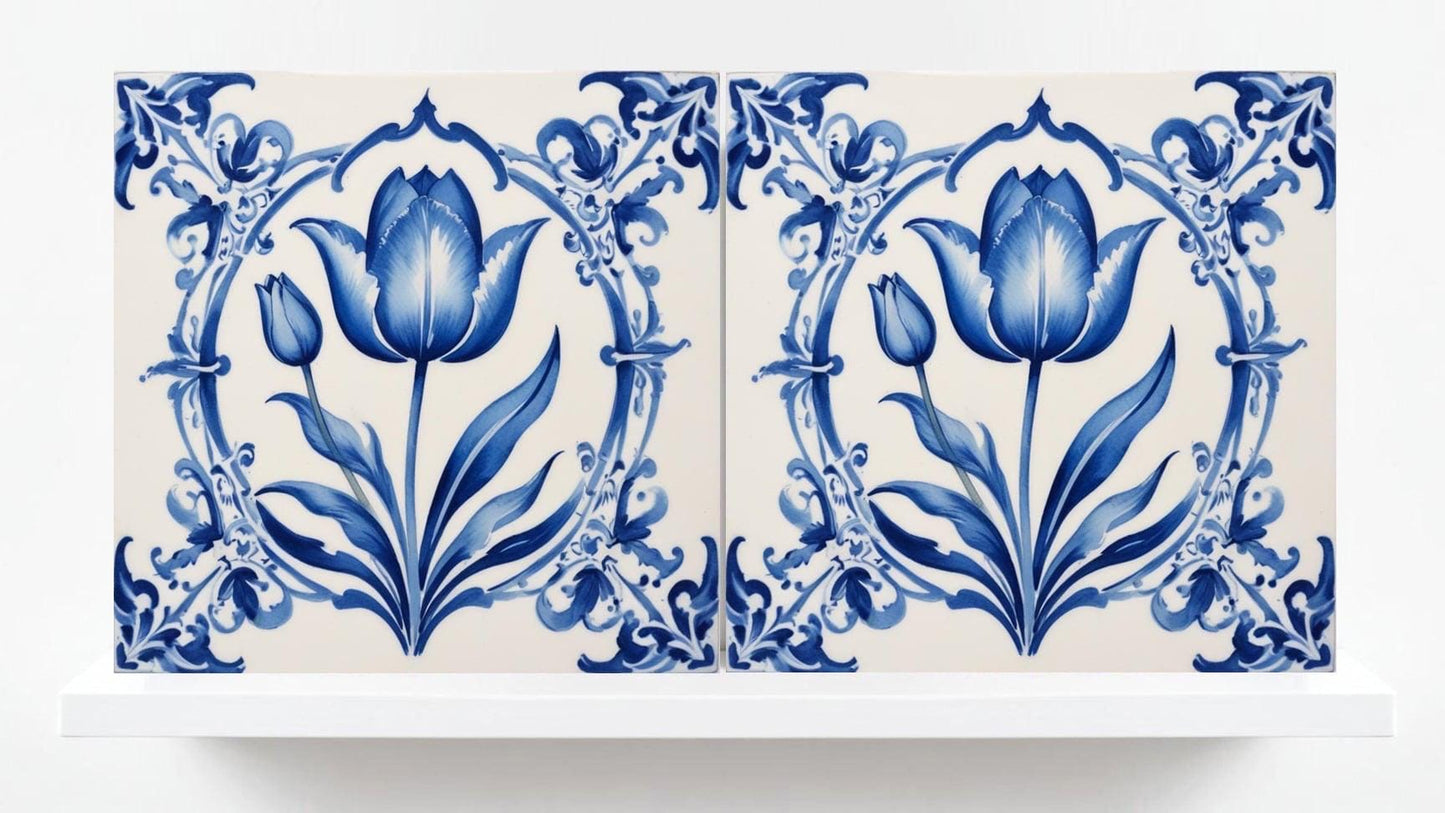 Delft Tulip Tile - Delft Blue Tile - Set of 2 Ceramic Delftware Tiles- Flower Tiles - Delft Prints Wall - Kitchen Backsplash, Sink,Bathroom