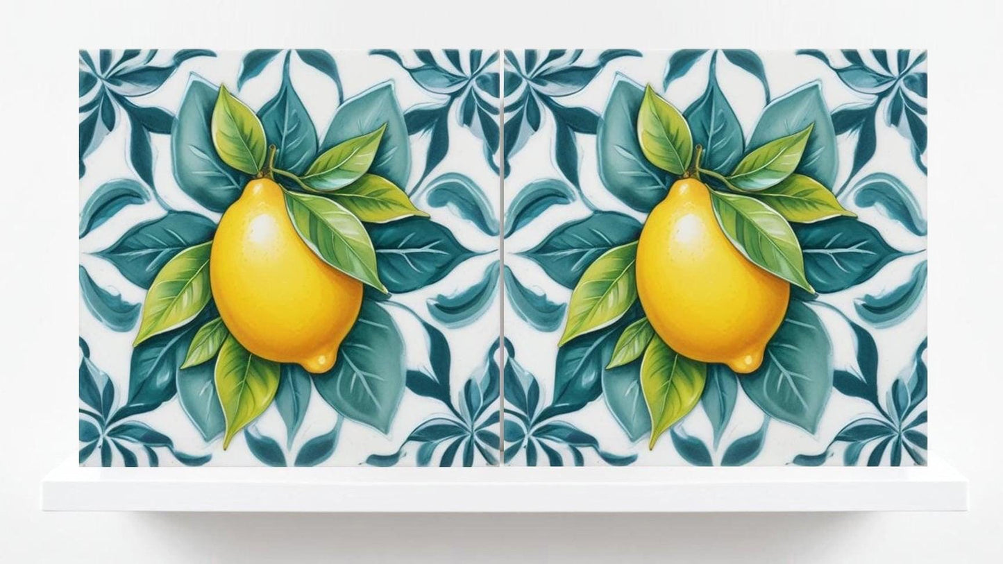Italian Majolica Lemon Tiles - Set of 2 Mediterranean Wall Decor Tiles -Kitchen Backsplash,Bathroom,Shower Wall,Fireplace, Sink Splashback