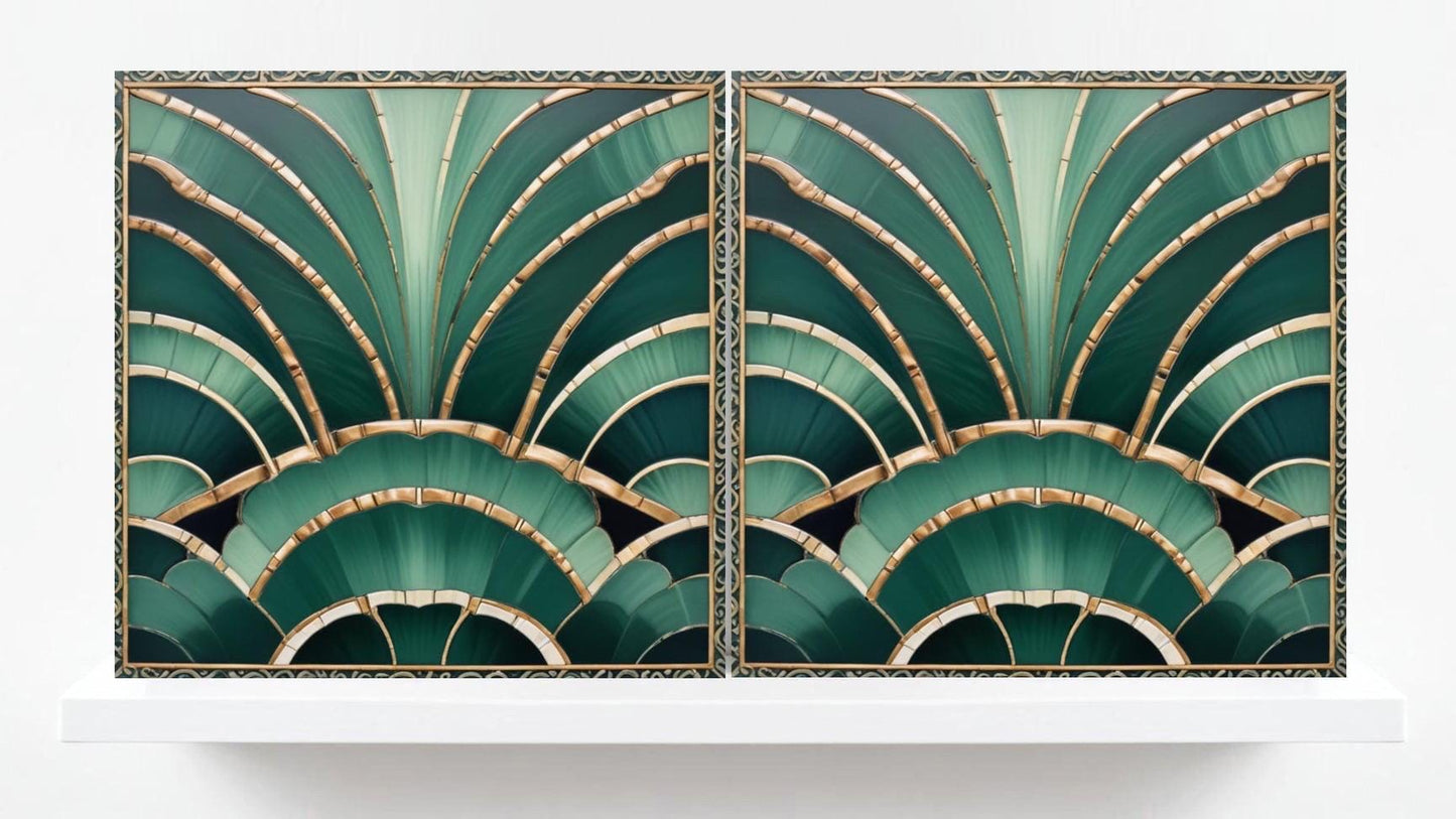 Art Deco Ceramic Tiles Green- Set of 2 Retro Wall Decor Geometric Tiles - Kitchen Backsplash,Sink Splashback,Shower, Bathroom Art,Fireplace