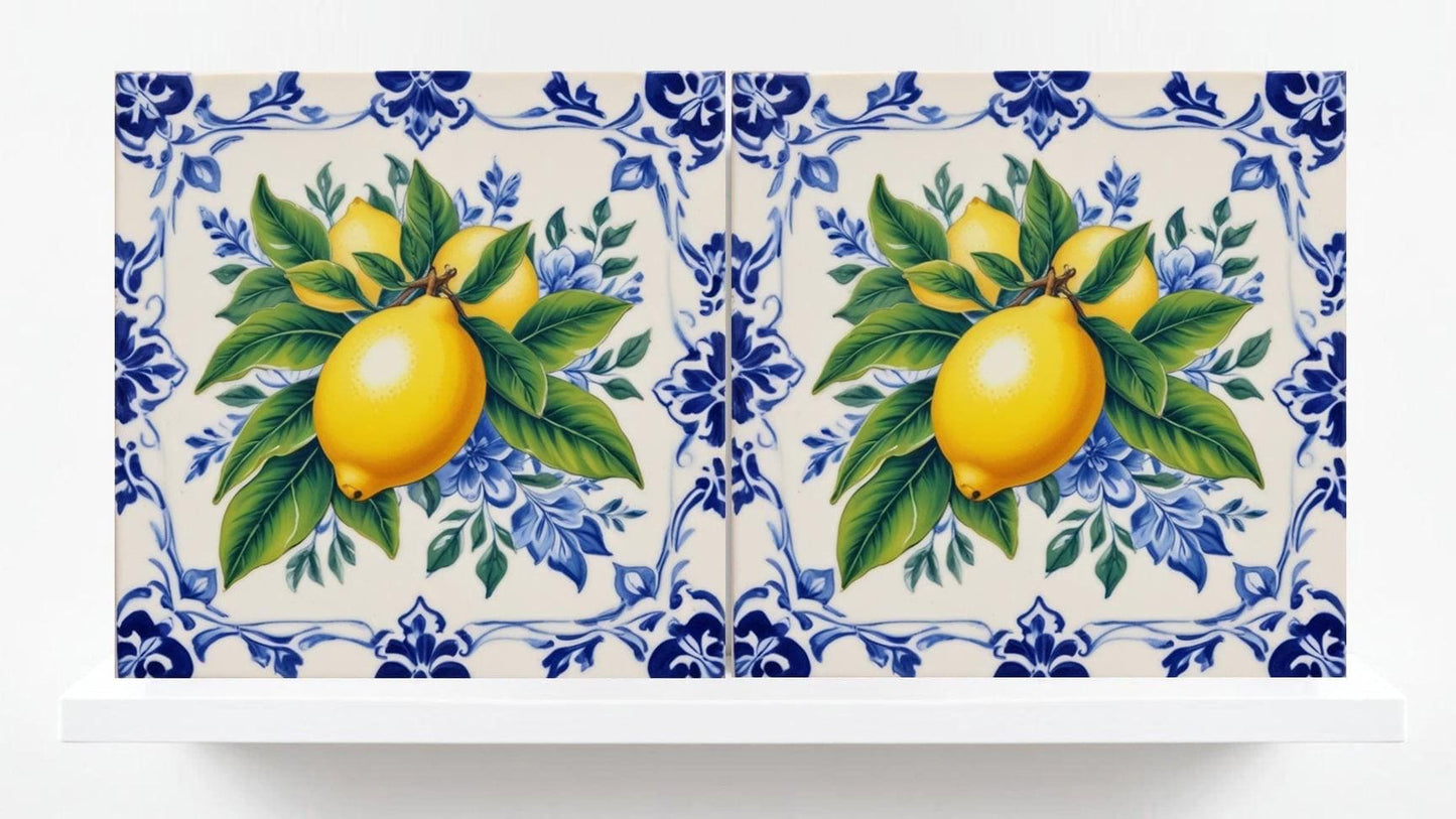 Italian Majolica Lemon Fruit Tiles - Set of 2 Sicilian Wall Art Decor-Kitchen Backsplash,Bathroom,Shower Wall Art,Fireplace,Sink Splashback