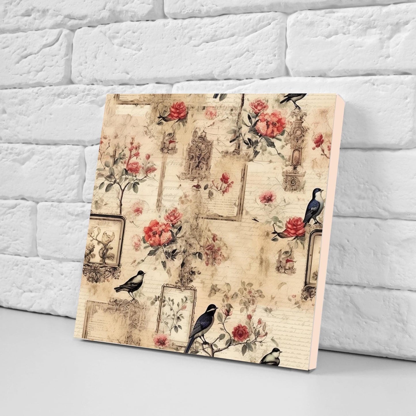 Bird Floral Ceramic Tiles - Set of 2 Botanical Wall Art Print Decor Tiles -Kitchen Backsplash,Bathroom,Shower Wall,Sink Splashback,Fireplace