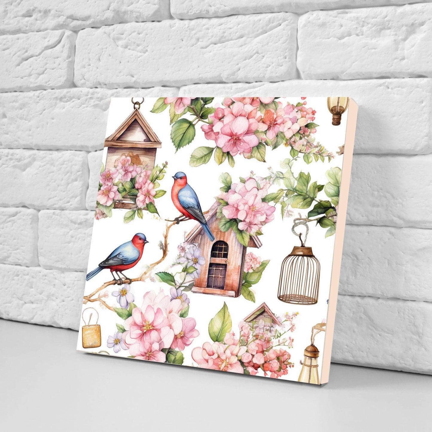Bird Floral Ceramic Tiles - Set of 2 Botanical Wall Art Print Decor Tiles -Kitchen Backsplash,Bathroom,Shower Wall,Sink Splashback,Fireplace