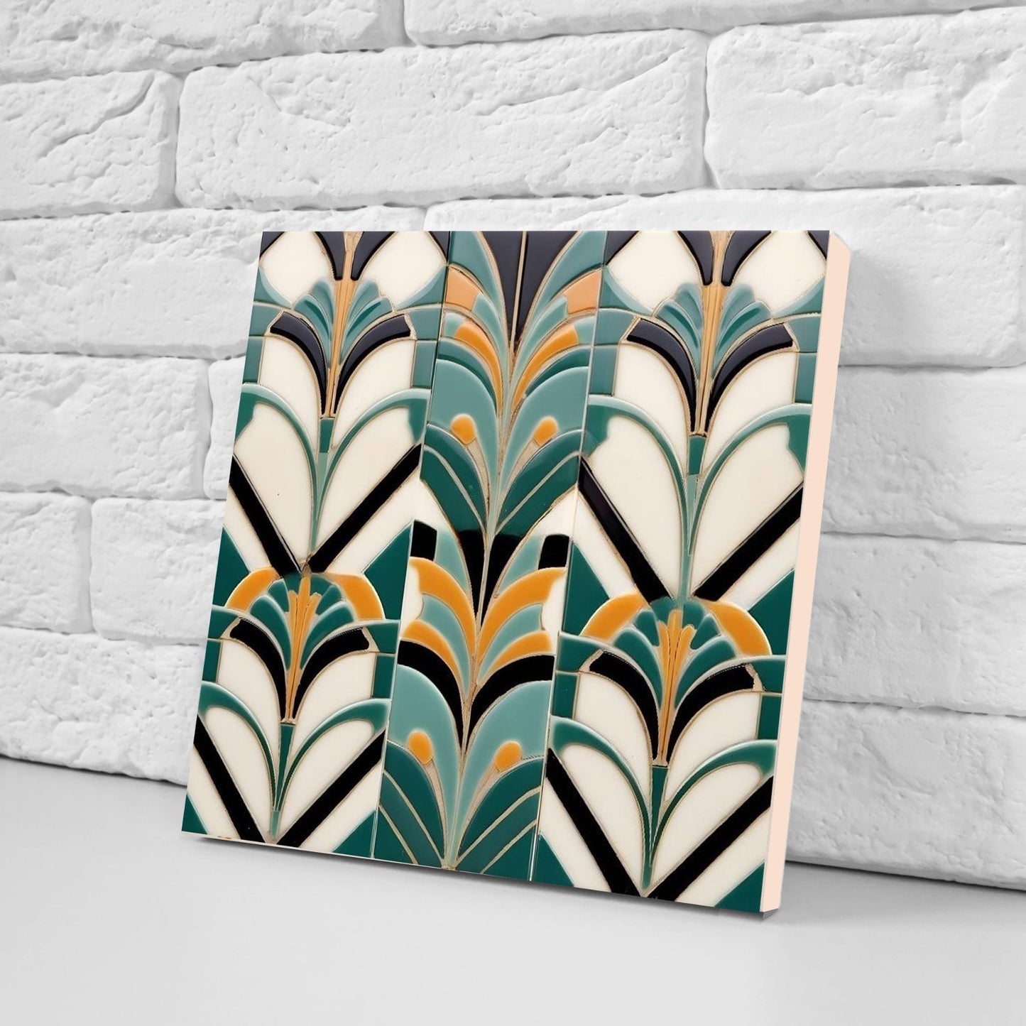 Art Deco Ceramic Tiles Green- Set of 2 Retro Wall Decor Geometric Tiles - Kitchen Backsplash,Sink Splashback,Shower, Bathroom Art,Fireplace