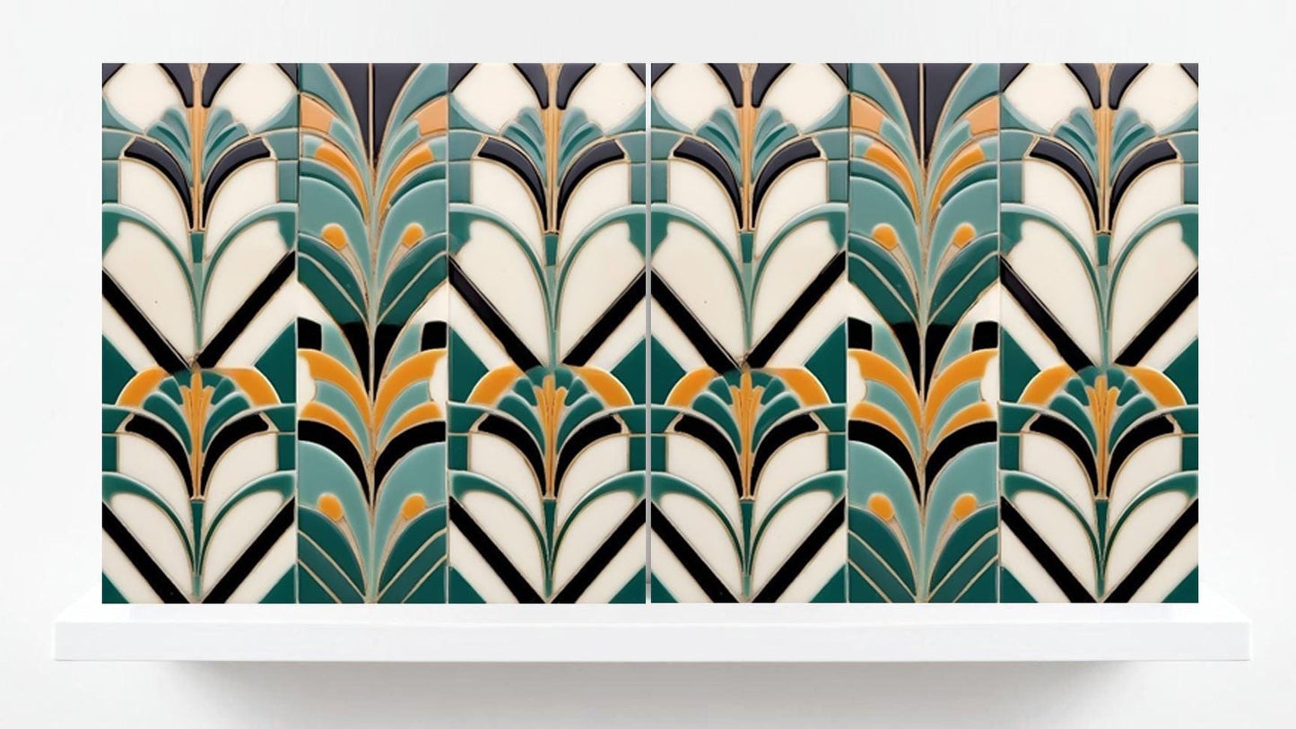 Art Deco Ceramic Tiles Green- Set of 2 Retro Wall Decor Geometric Tiles - Kitchen Backsplash,Sink Splashback,Shower, Bathroom Art,Fireplace