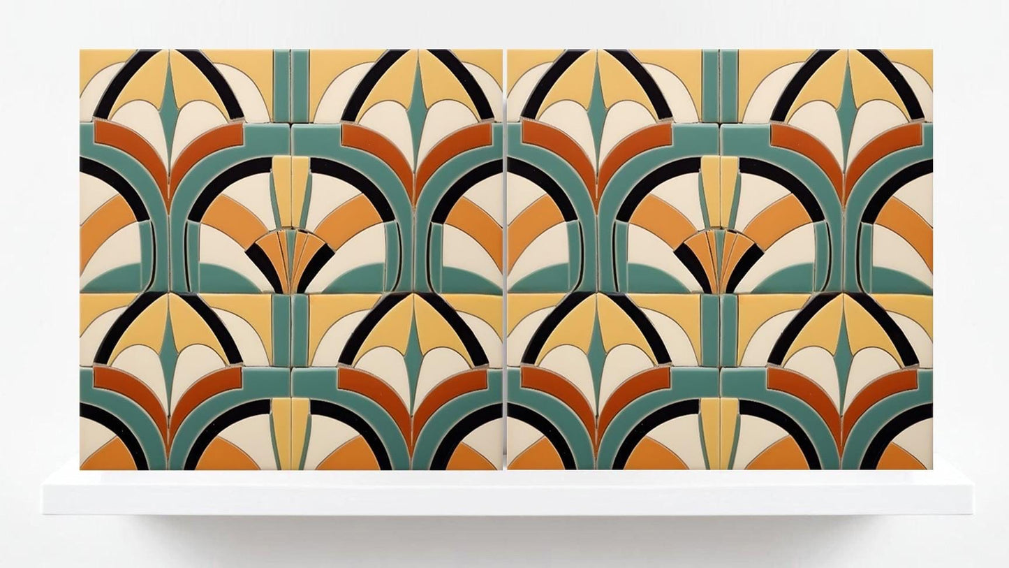 Art Deco Tile Backsplash - Set of 2 Retro Wall Decor Geometric Tiles - Kitchen, Bathroom, Sink Splashback,Shower Wall Art,Fireplace Tiles