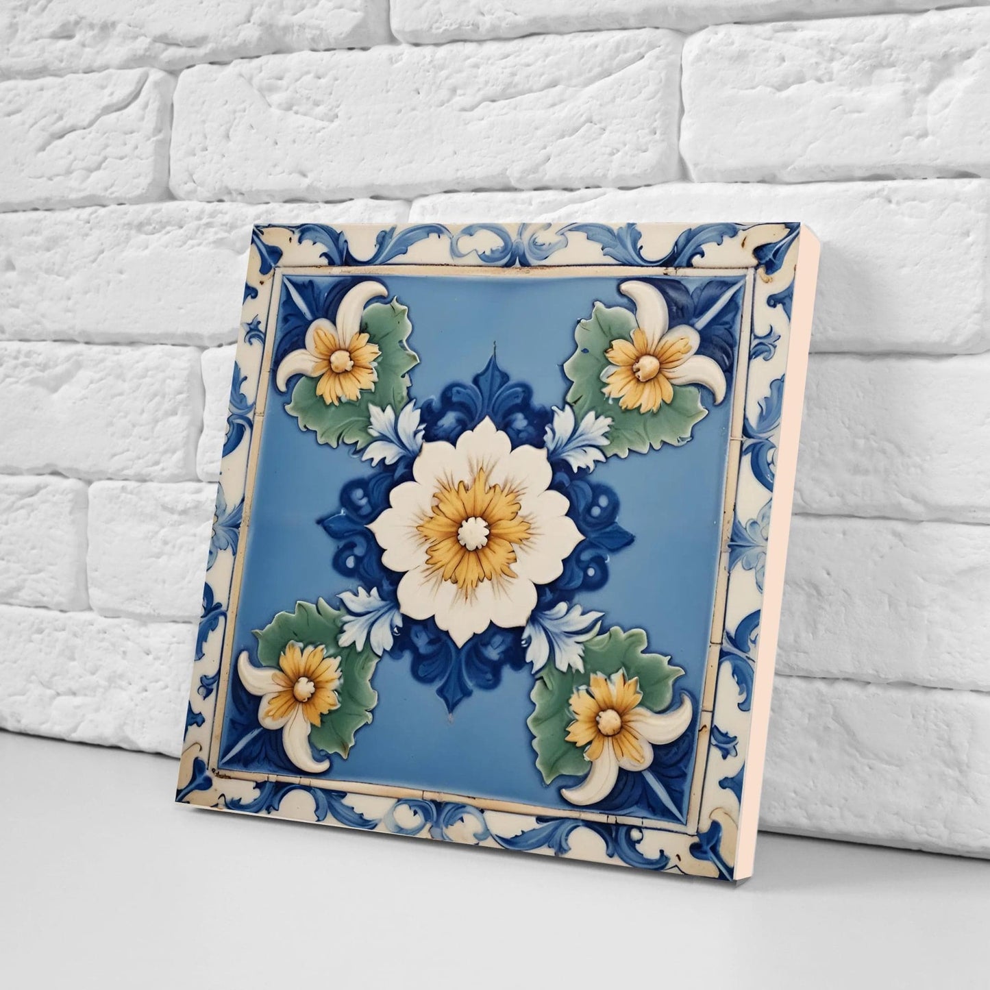 Italian Majolica Floral Tiles - Set of 2 Mediterranean Flower Wall Decor -Kitchen Backsplash,Bathroom, Shower Wall,Fireplace,Sink Splashback