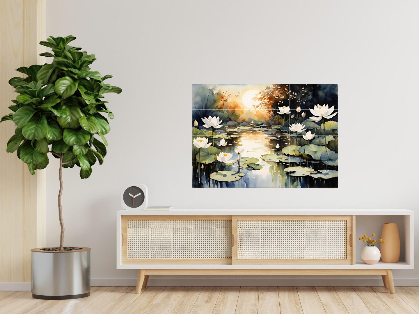 Lotus Pond Ceramic Tile Mural – Zen Bathroom & Kitchen Backsplash Botanical Wall Art
