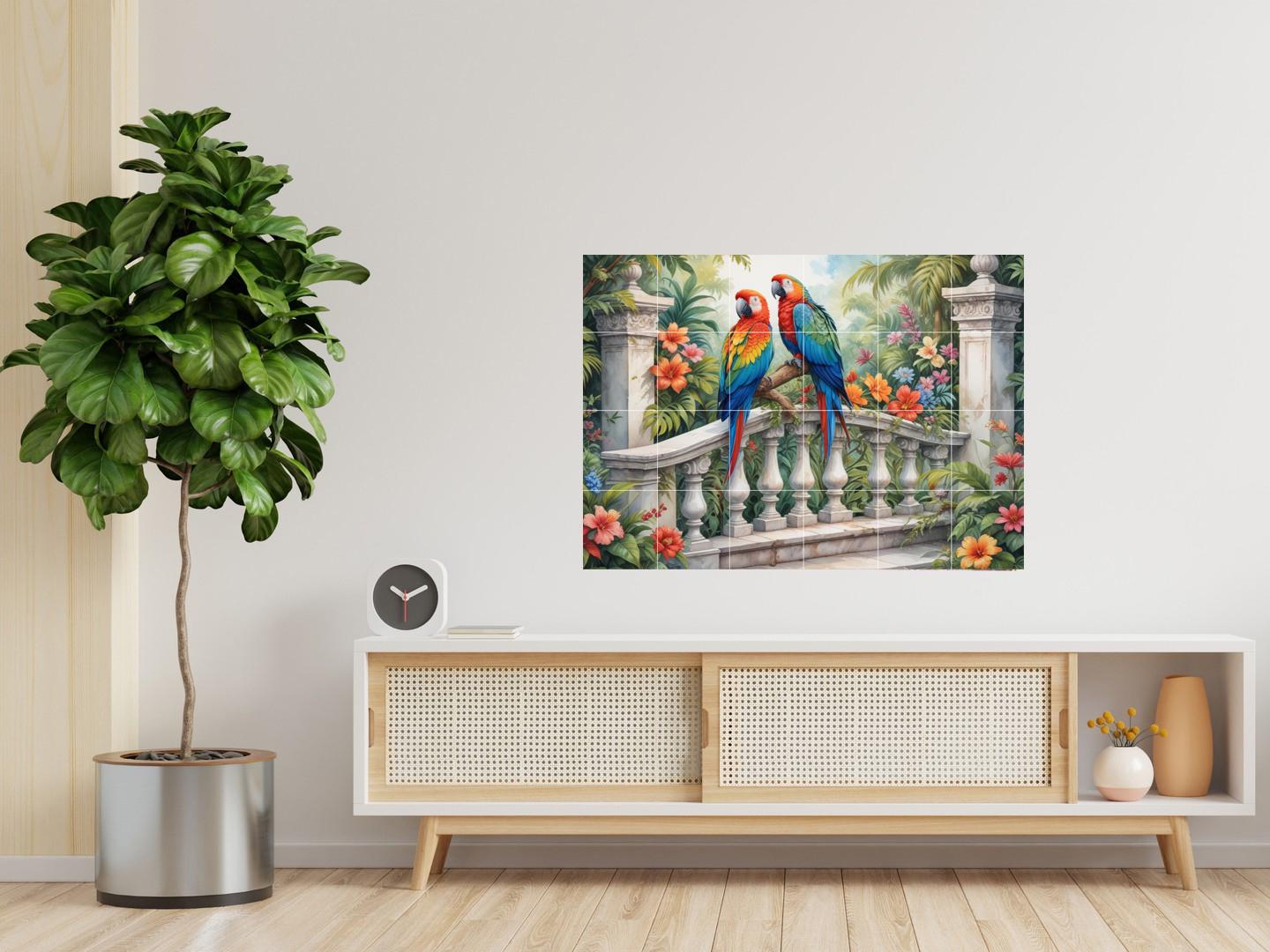 Parrot Bird Tile Mural – Tropical Botanical Ceramic Jungle Wall Art