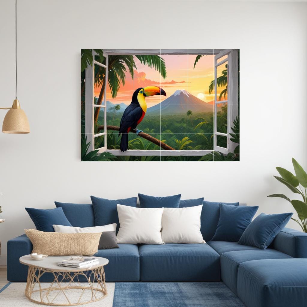 Pelican Bird Tile Mural – Tropical Window View Wall Art Jungle Sunset Kitchen & Bathroom Decor