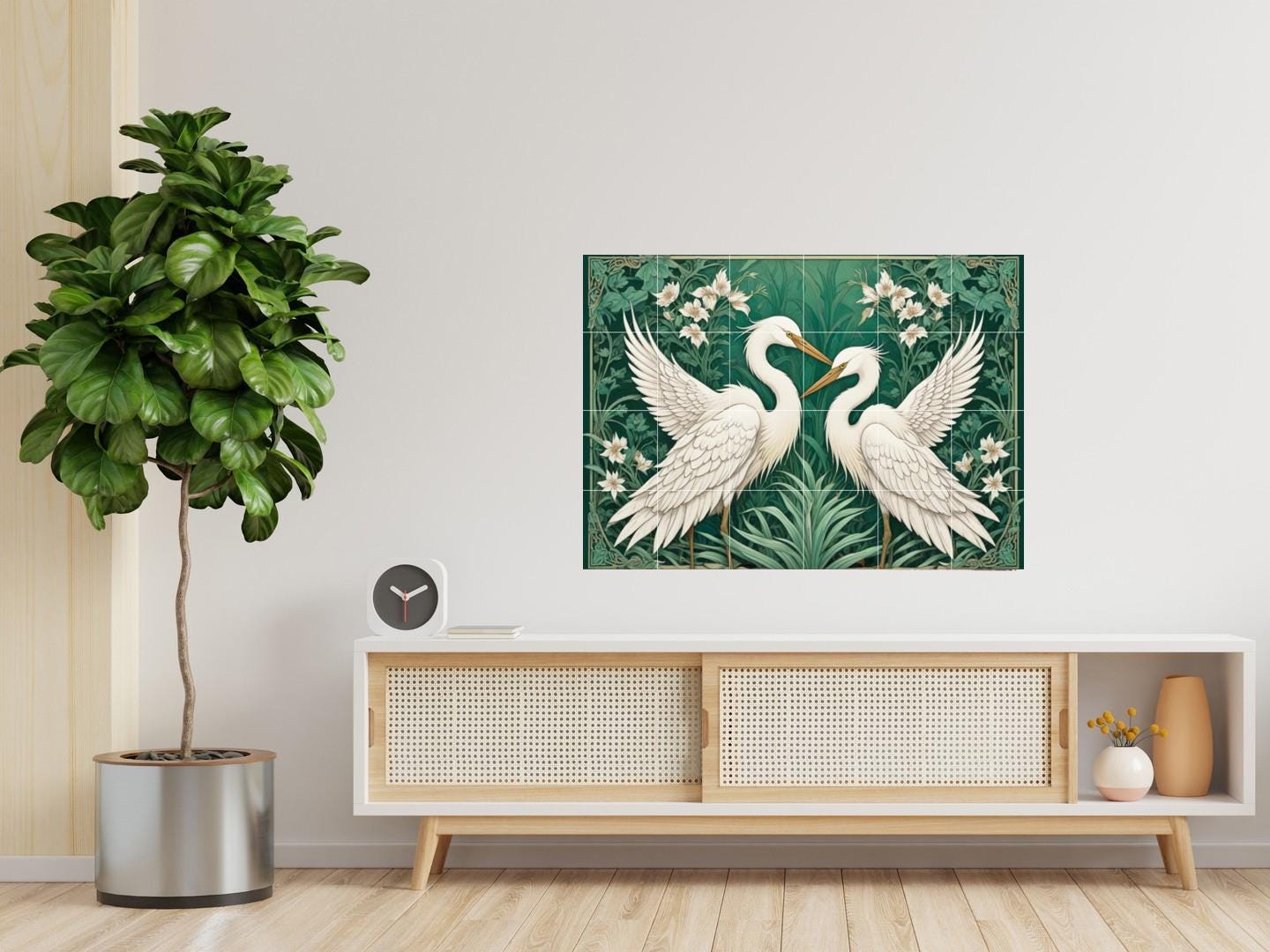 Botanical Heron Tile Mural – Green Art Nouveau Bird Wall Art for Bathroom Kitchen Decor