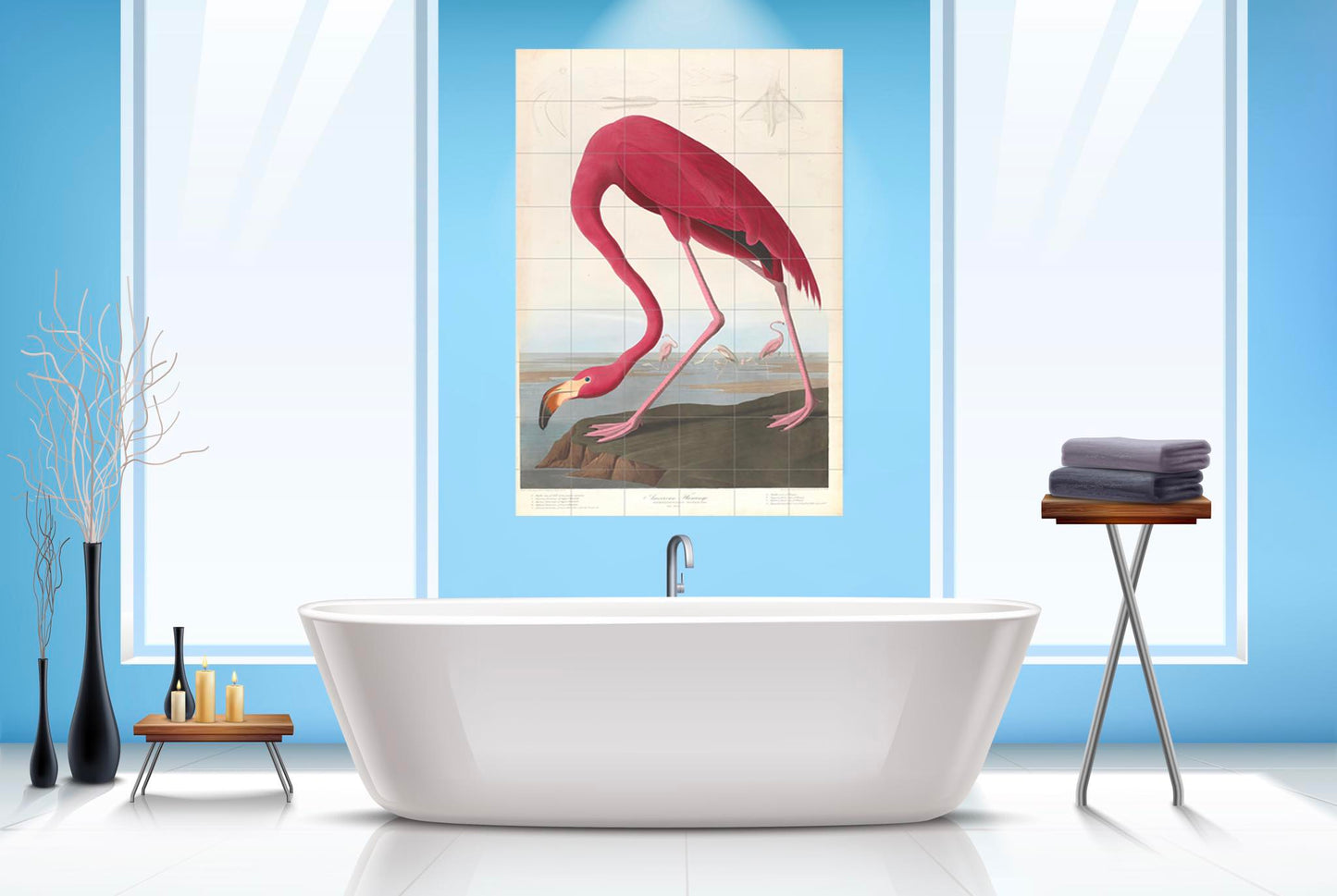 Tile Mural/Mosaic Ceramic Panel of Pink Flamingo - John James Auburn - Bird Print - Bird Art - Vintage Birds Print - Bird Wall Art - Auburn