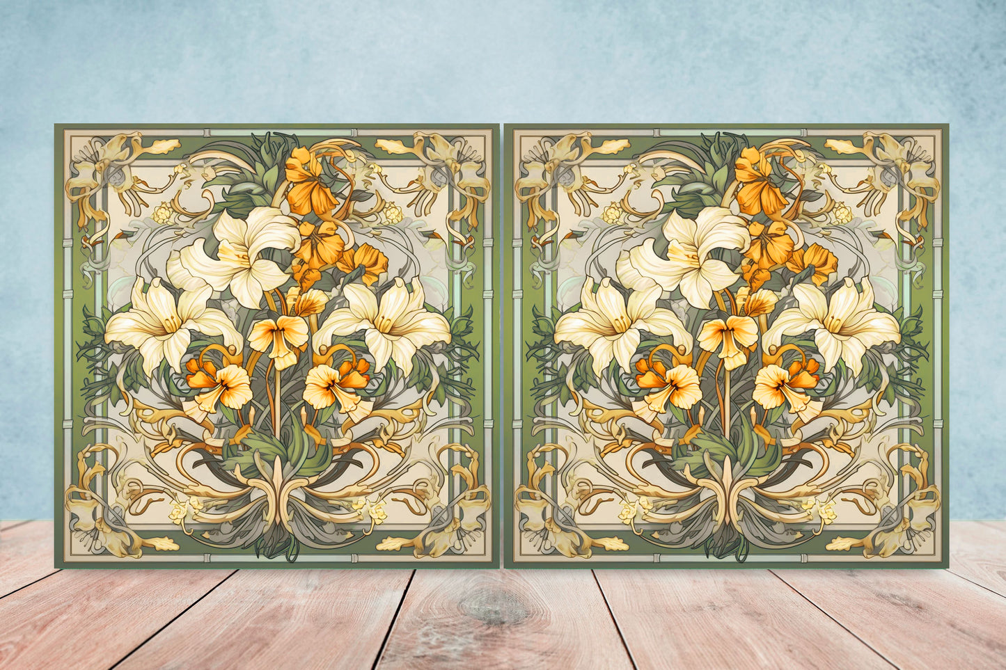 Art Nouveau Flower Ceramic tiles - Set of 2 Art Nouveau Wall Decor Tiles - Kitchen Backsplash Tiles, Table Decorative Tiles, Bathroom Tiles