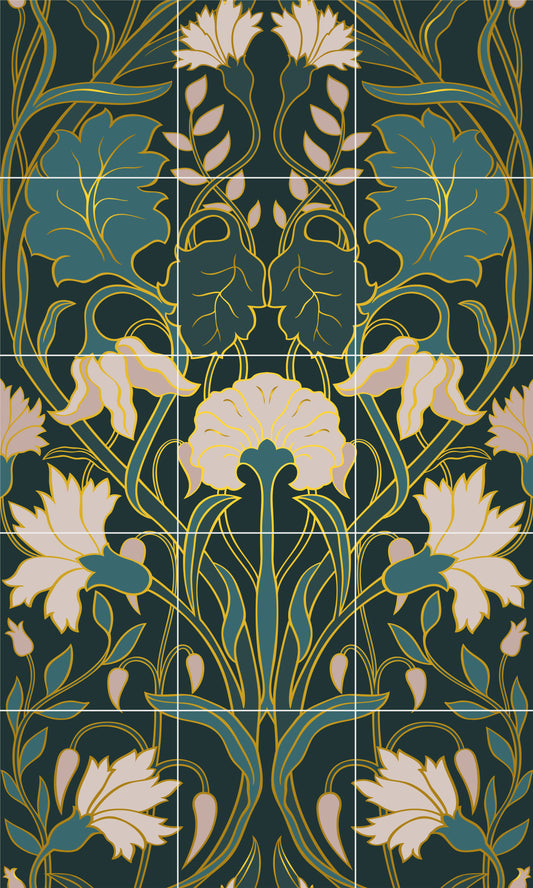 Art Nouveau Floral Ceramic Tile Mural/Mosaic - Art Nouveau Wall Decor Tiles - Flower Mural - Floral Print - Kitchen Backsplash Tiles
