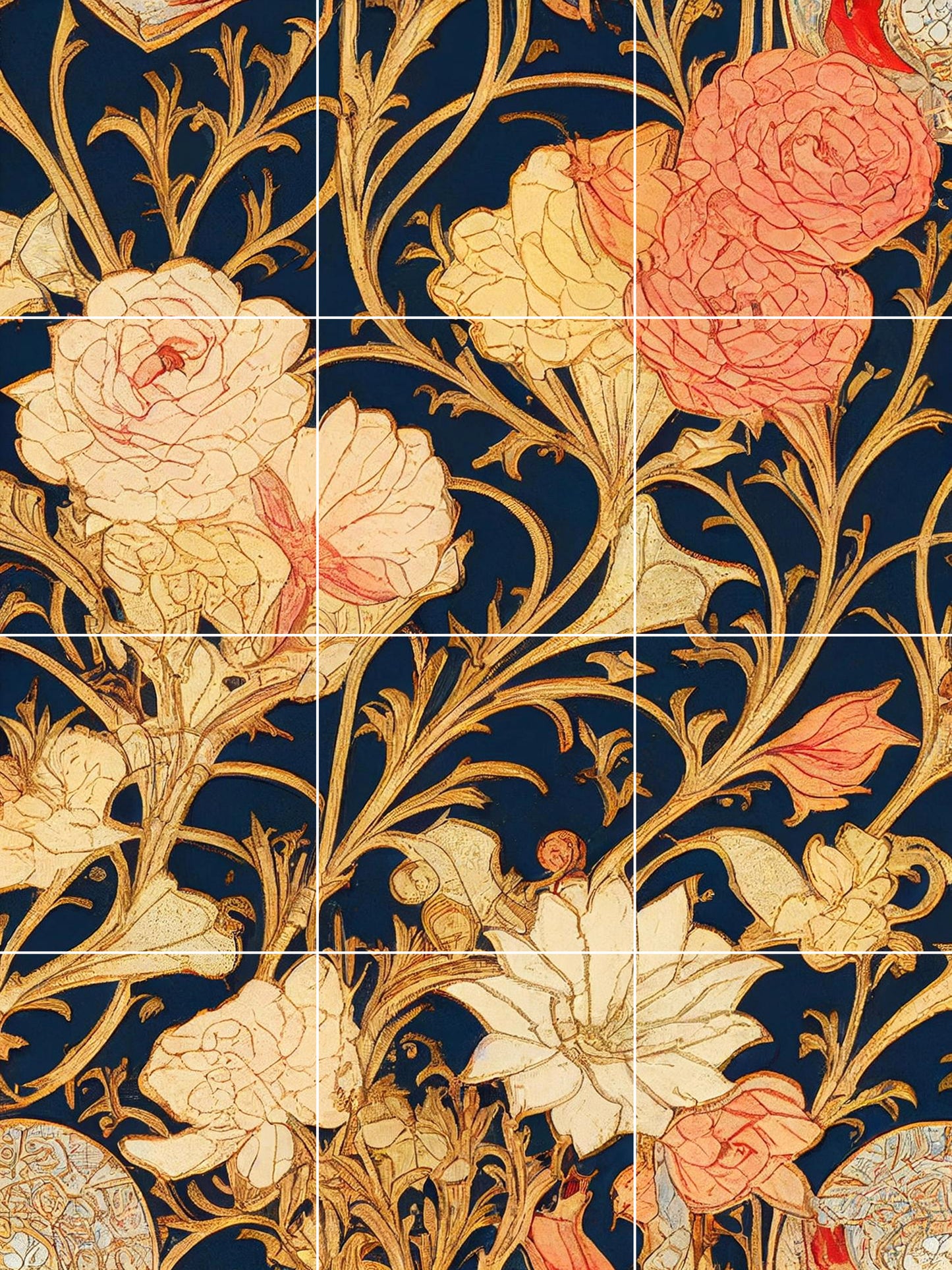 Art Nouveau Floral Ceramic Tile Mural/Mosaic -Art Nouveau Wall Decor Tiles -Kitchen Backsplash Tiles, Table Decorative Tiles, Bathroom Tiles
