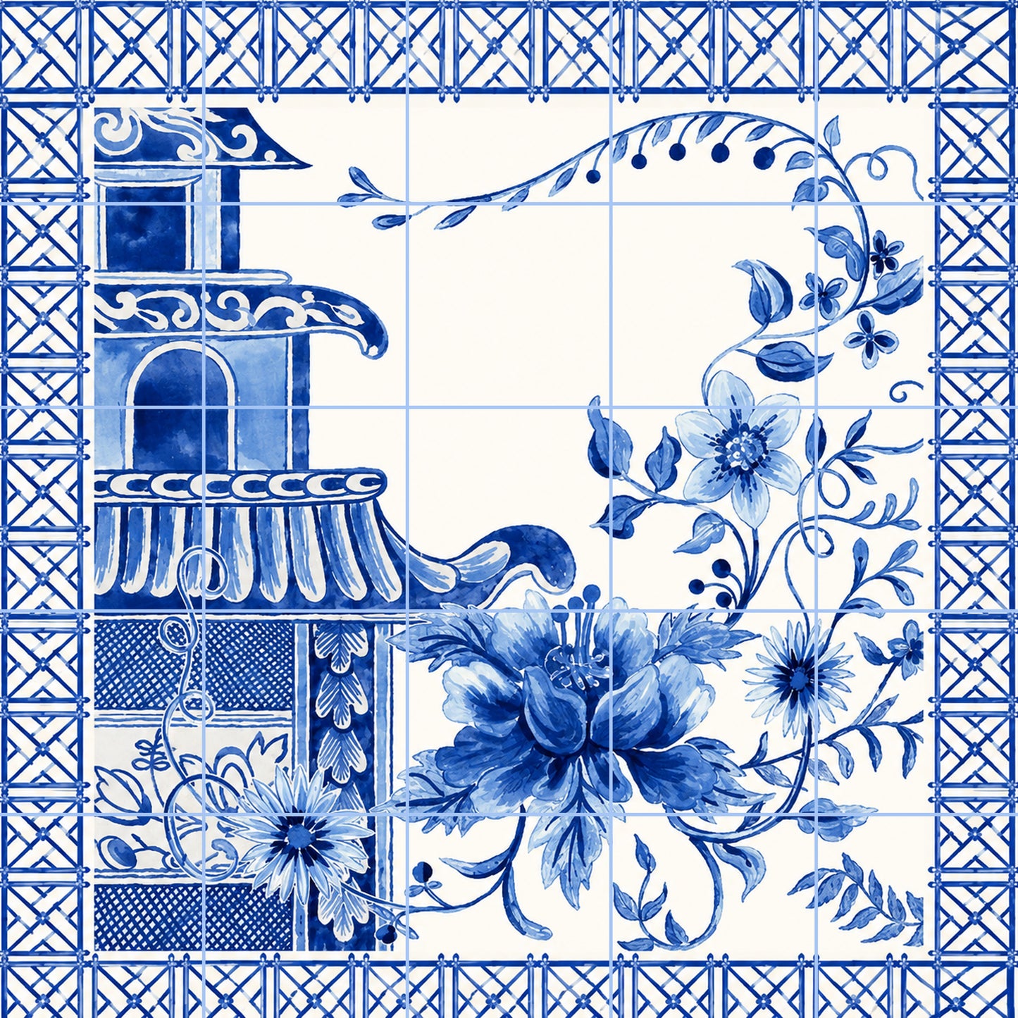 Delft Ceramic mural, 25 tiles Floral Wall Art